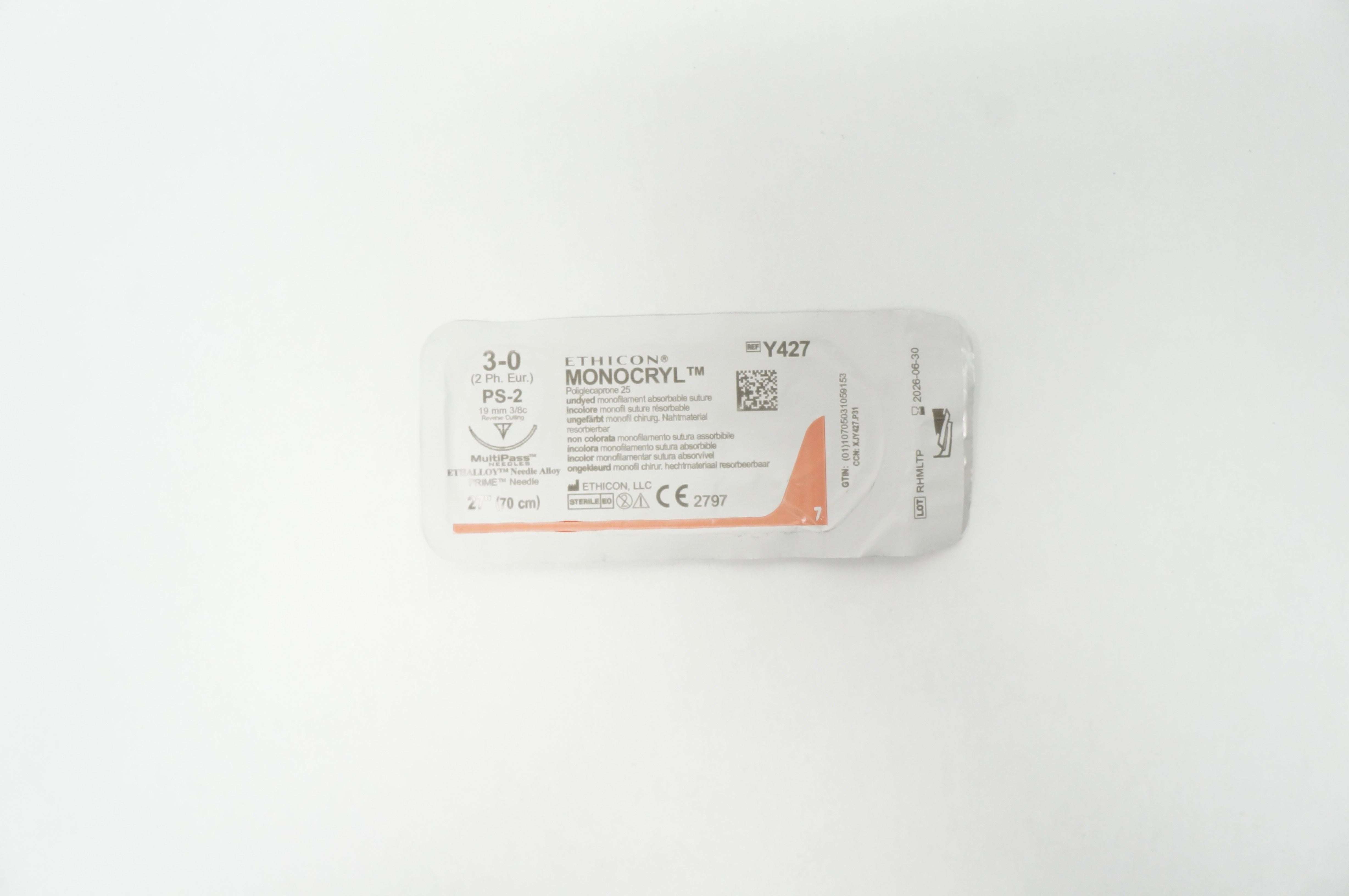 Ethicon Y427 3-0 MONOCRYL Undyed PS-2 19mm 3/8c Reverse Cutting 27inch