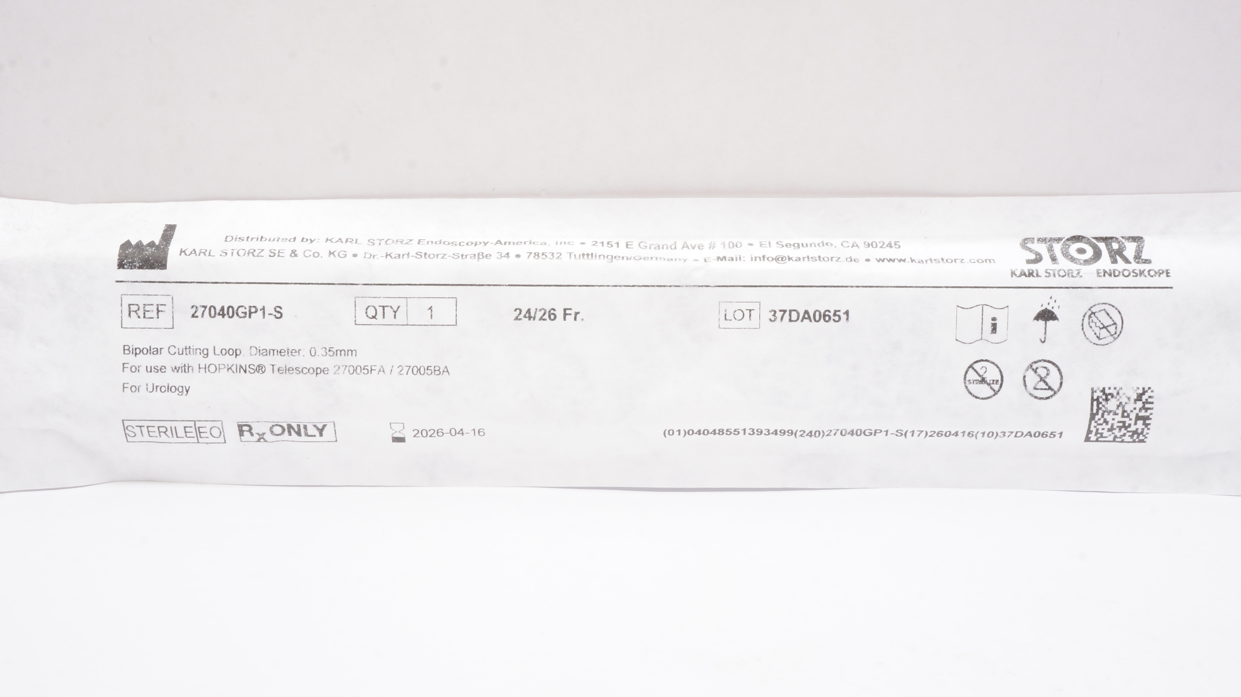 Karl Storz 27040GP1-S Bipolar Cutting Loop, Diameter 0.35mm, 24/26Fr.