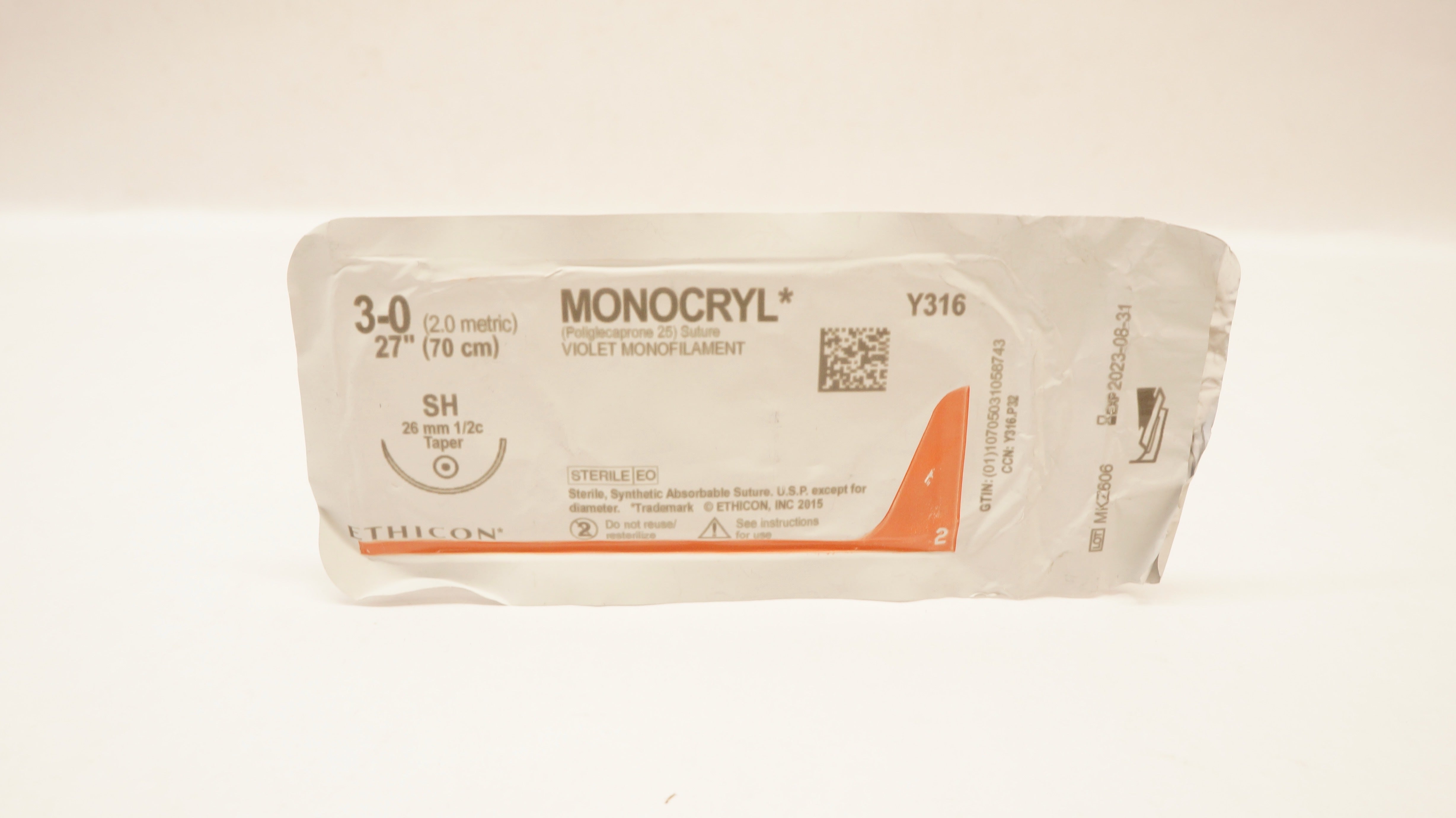 Ethicon Y316 3-0 MONOCRYL, Violet Monofilament, SH, 26mm 1/2c Taper, 27inch