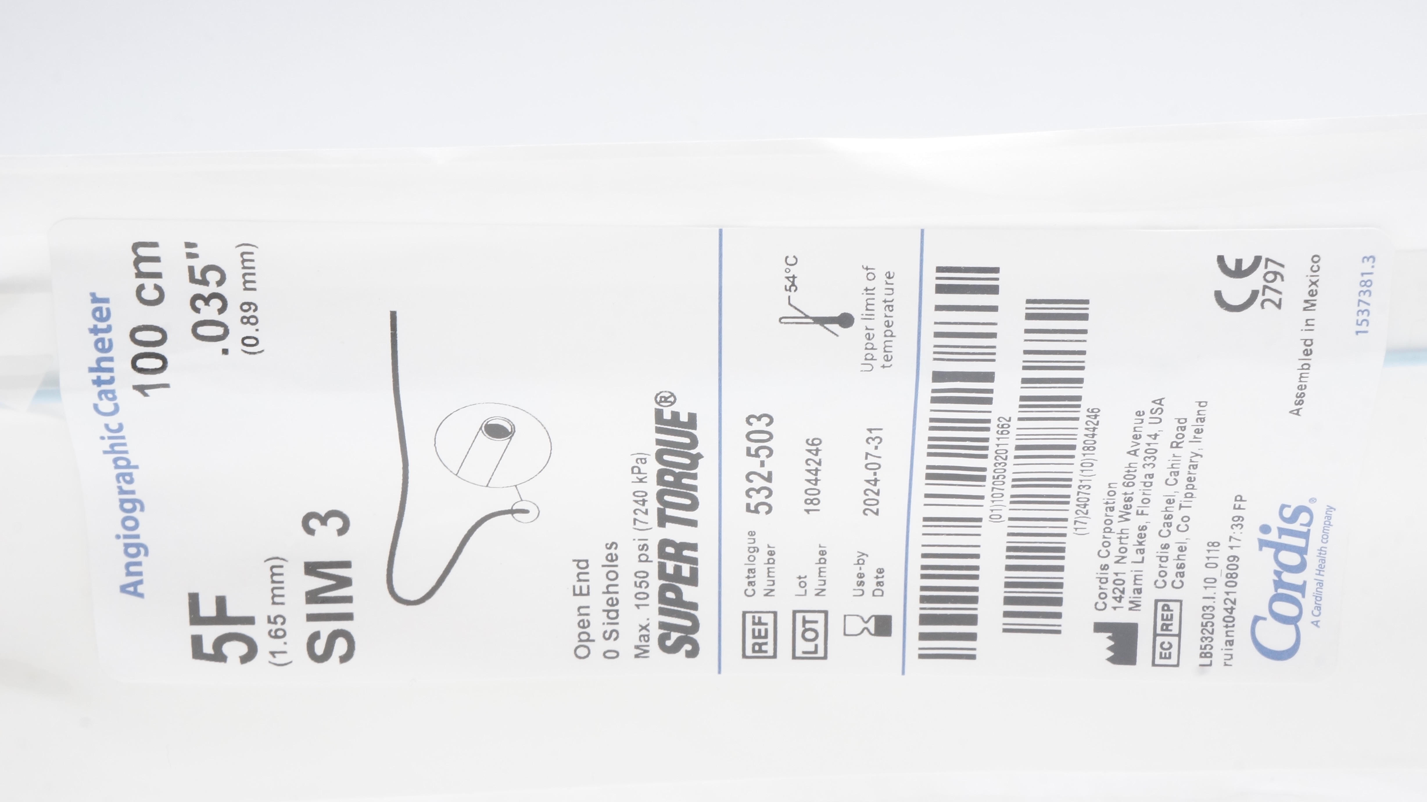 Cordis 532-503 Super Torque Angiographic Cath. SIM 3 5F x 100cm x .035inch (x)