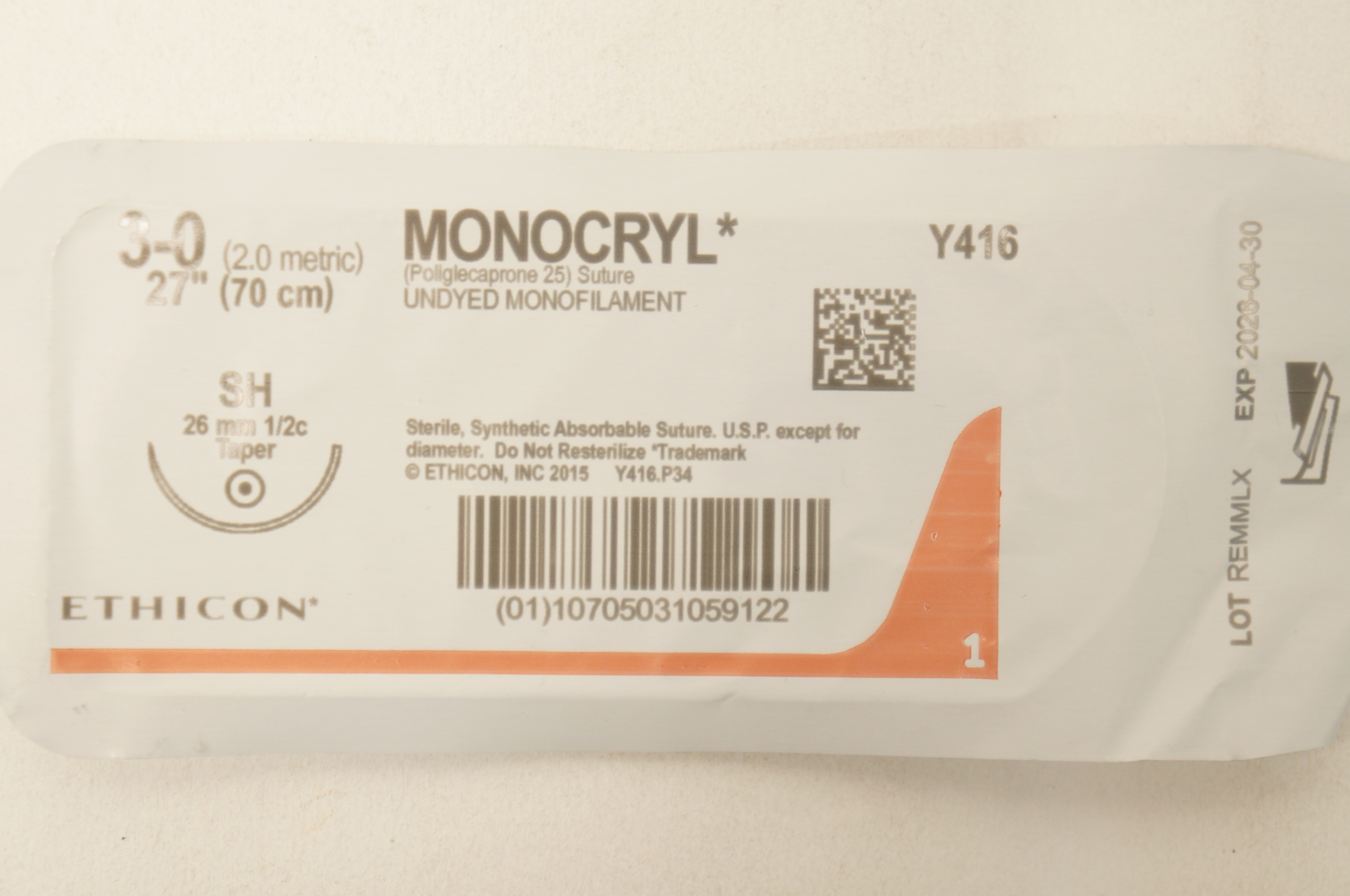 Ethicon Y416 3-0 Monocryl Poliglecaprone 25 Stre SH 26mm 1/2c Taper, 27 inch