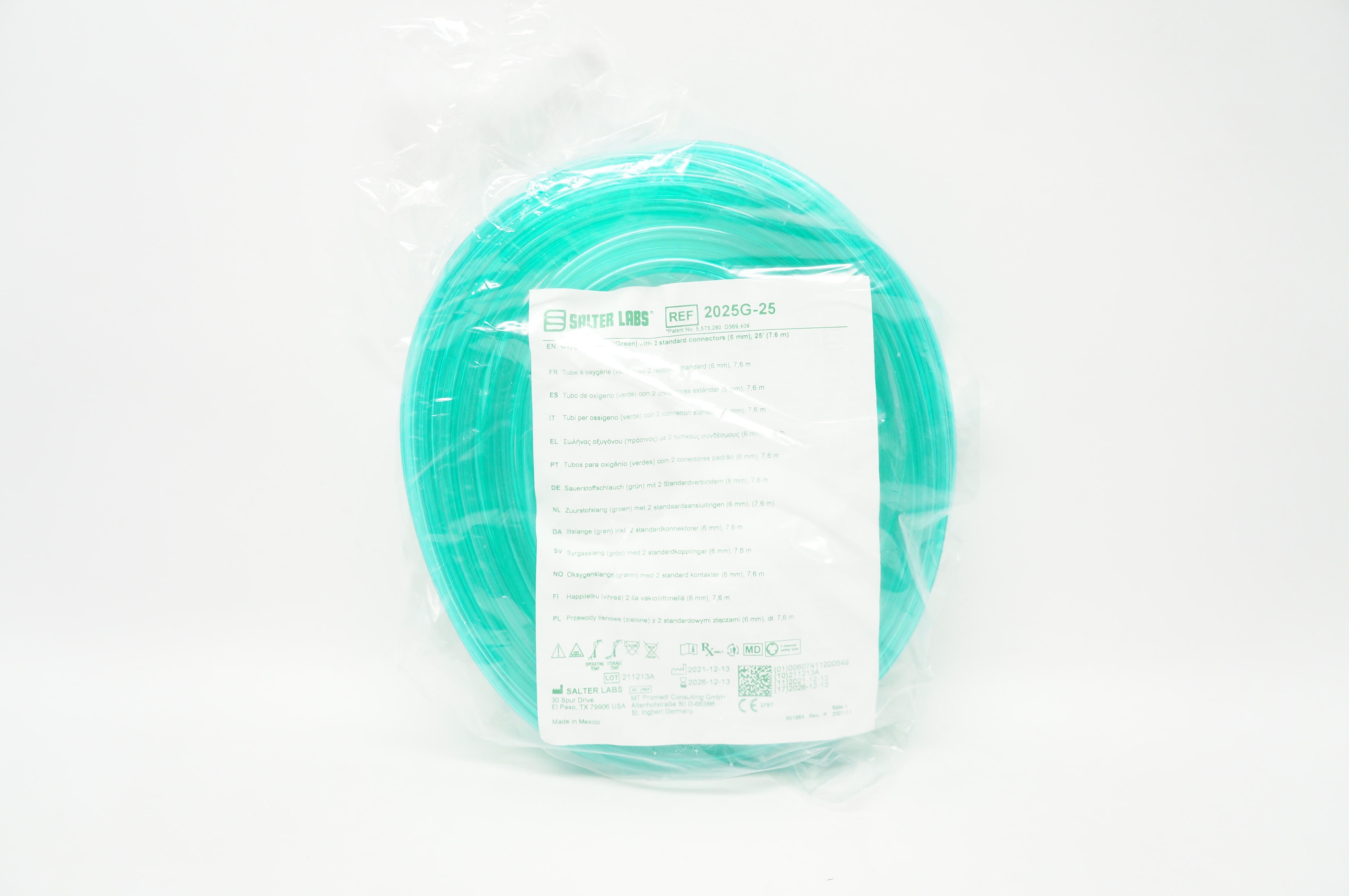 Salter Labs 2025G-25 Oxygen Tubing (Green) w/2 Standard Connectors 6mm x 25ft.