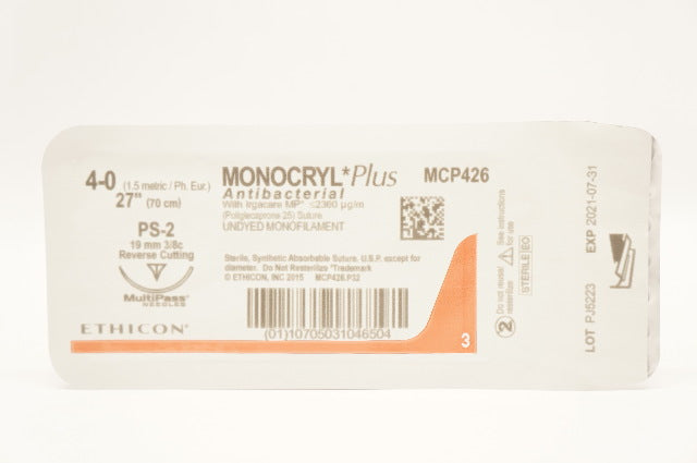 Ethicon MCP426 4-0 MONOCRYL Plus Stre PS-2 19mm 3/8c Reverse Cutting, 27inch (x)
