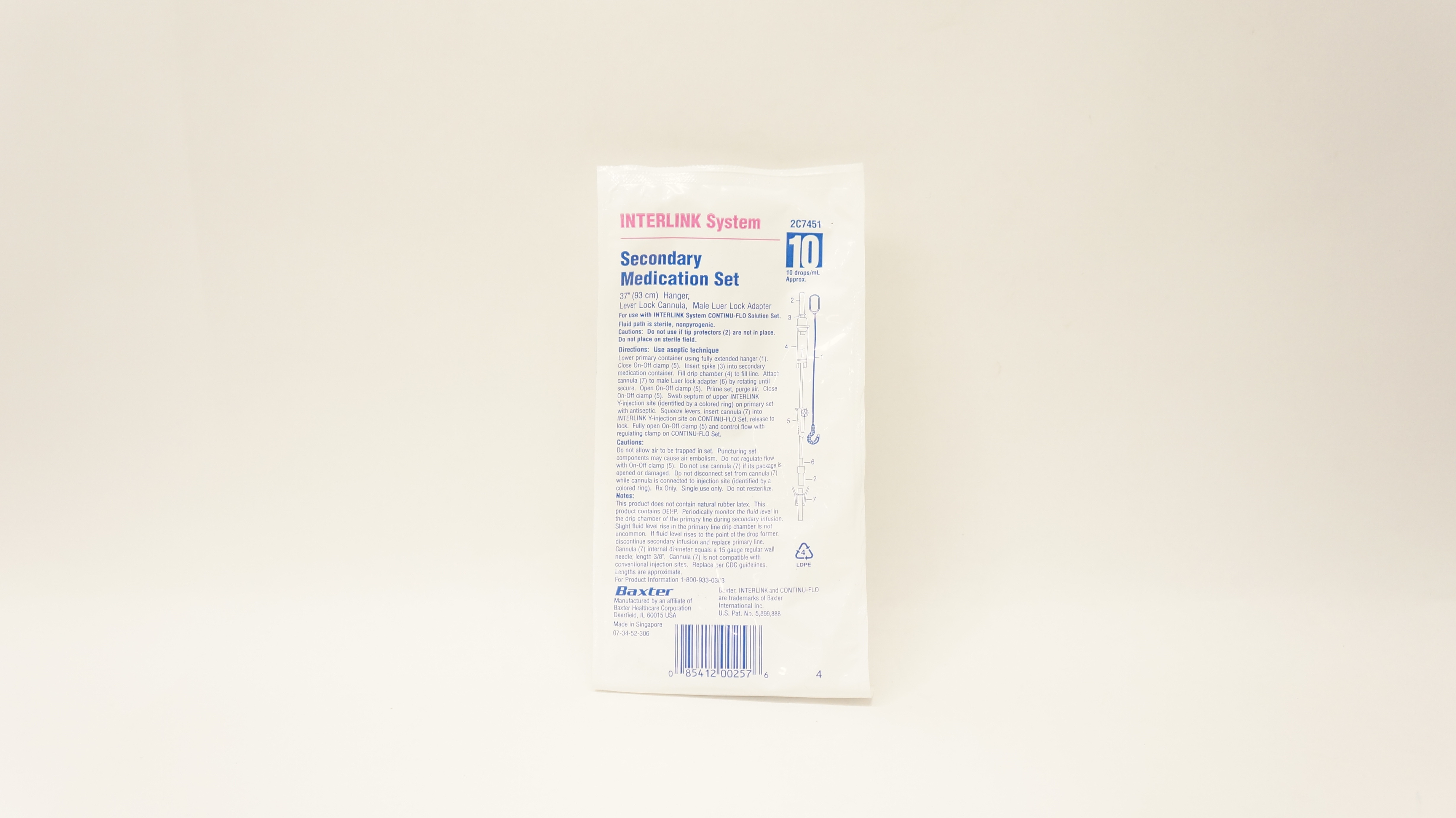 Baxter 2C7451 Interlink System Secondary Medication Set 10 Drops/mL 37inch