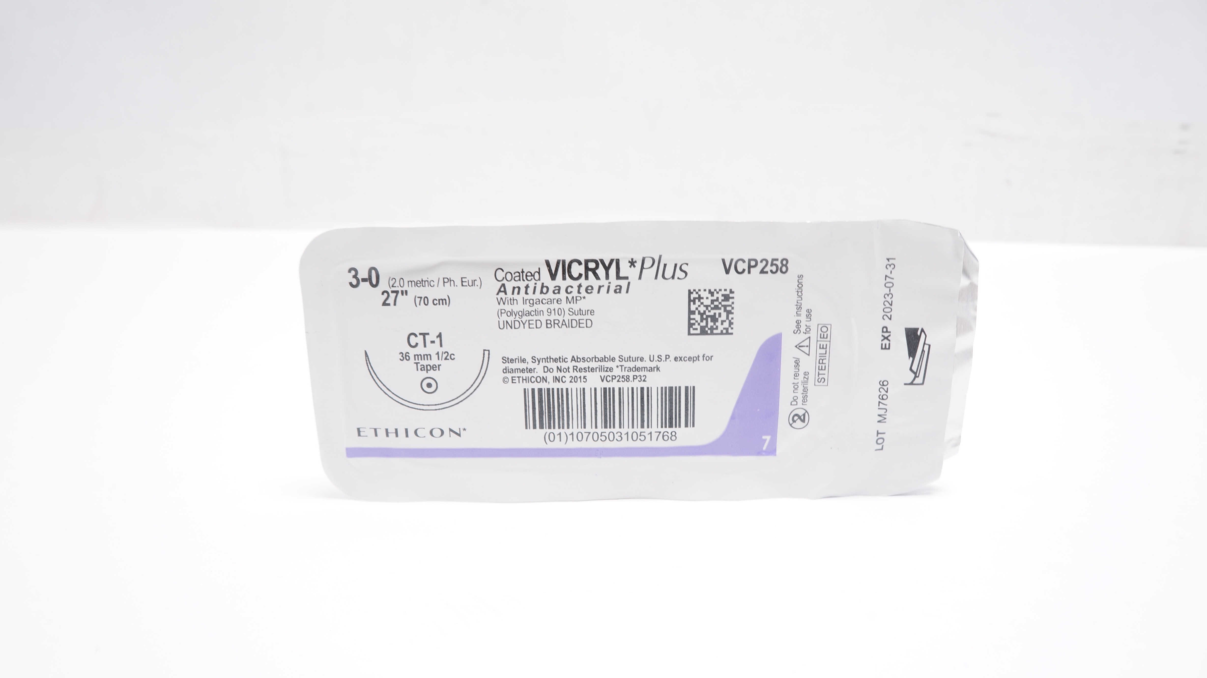 Ethicon VCP258 3-0 Coated VICRYL Plus Stre CT-1 36mm 1/2c Taper, 27inch