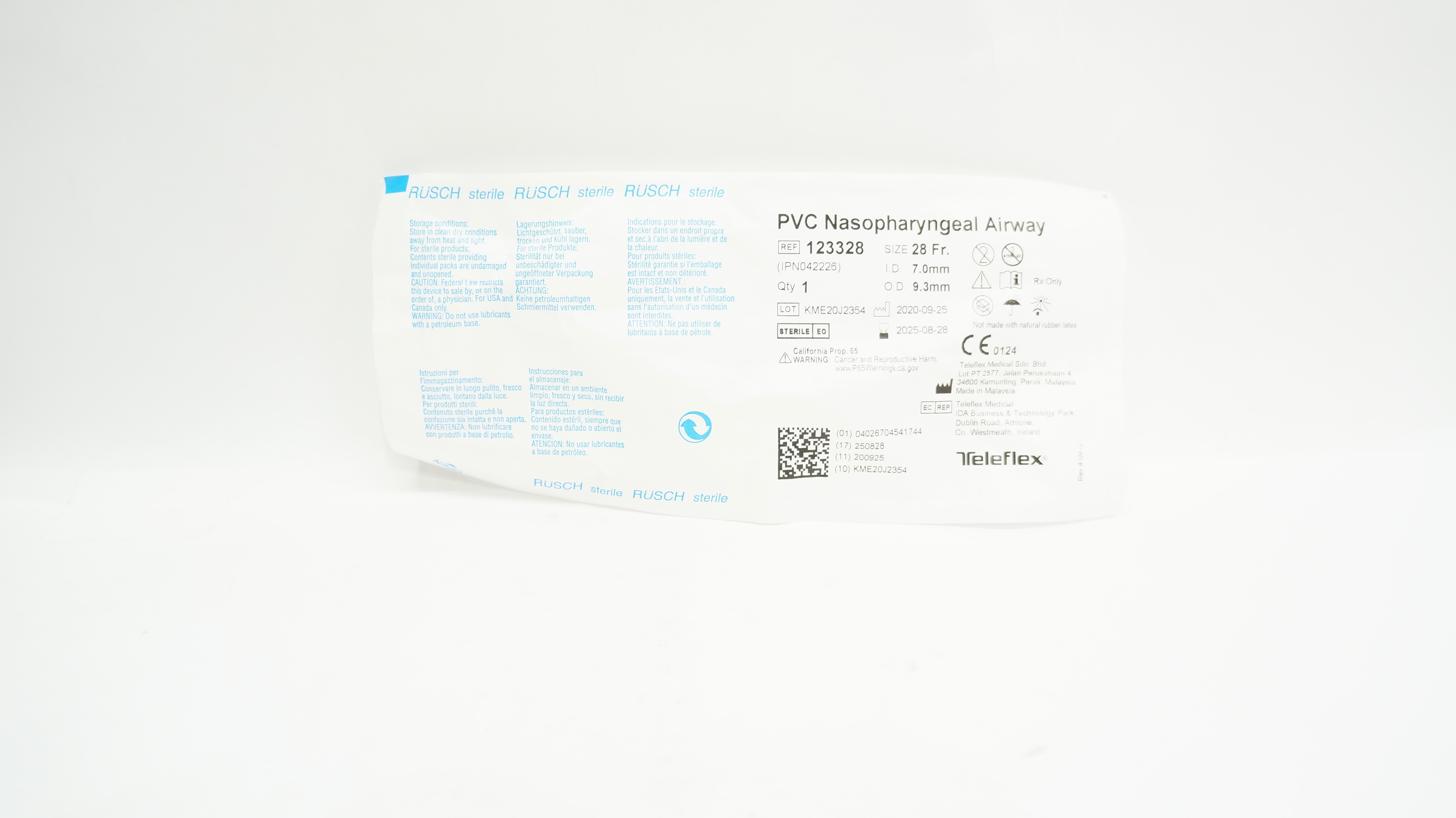 Teleflex 123328 RUSCH PVC Nasopharyngeal Airway 28Fr. x 7.0mm ID x 9.3mm OD