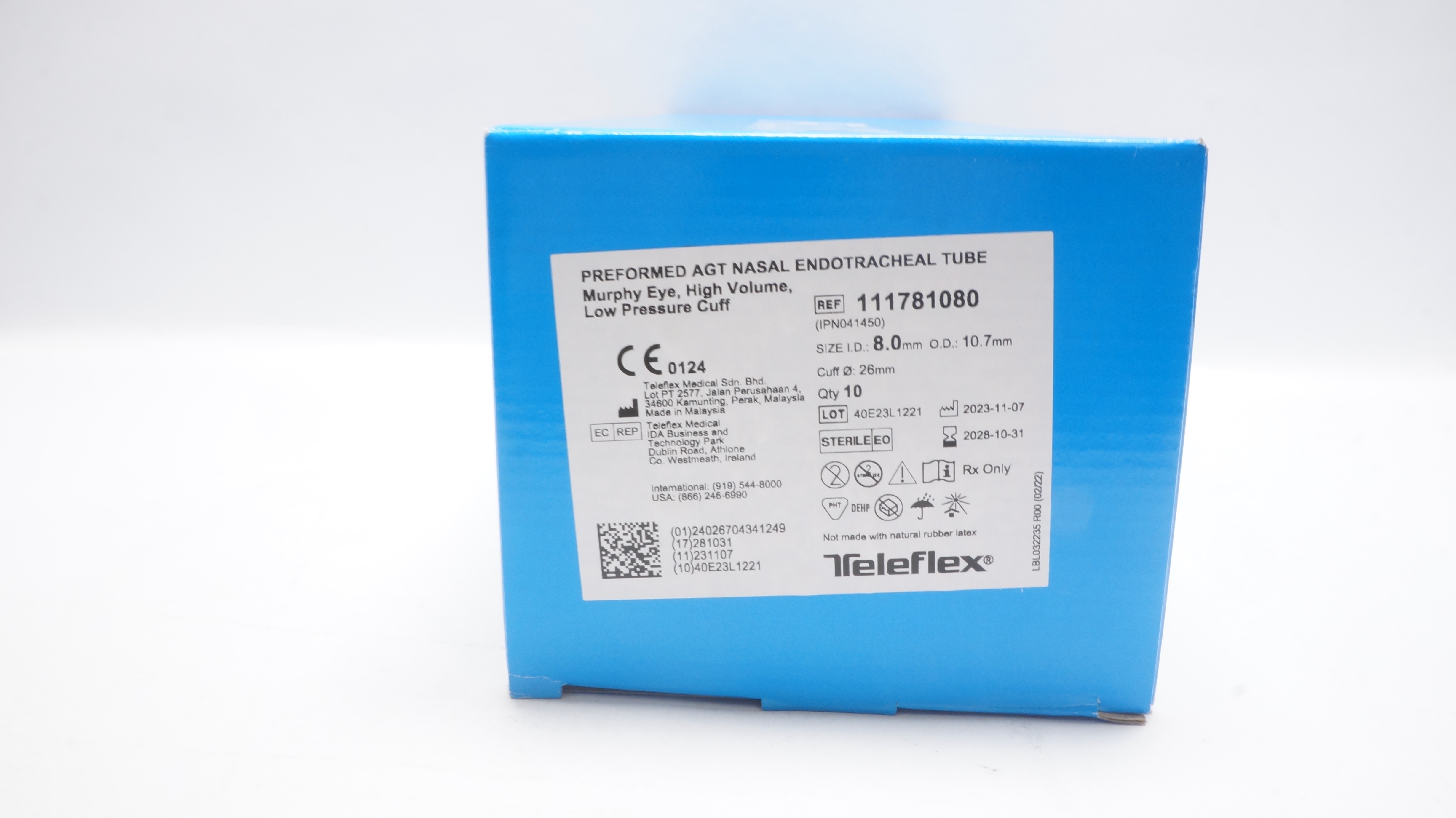 Teleflex 111781080 Rusch Nasal Endotracheal Tube 8.0 x 10.7 x 26mm - Box of 10