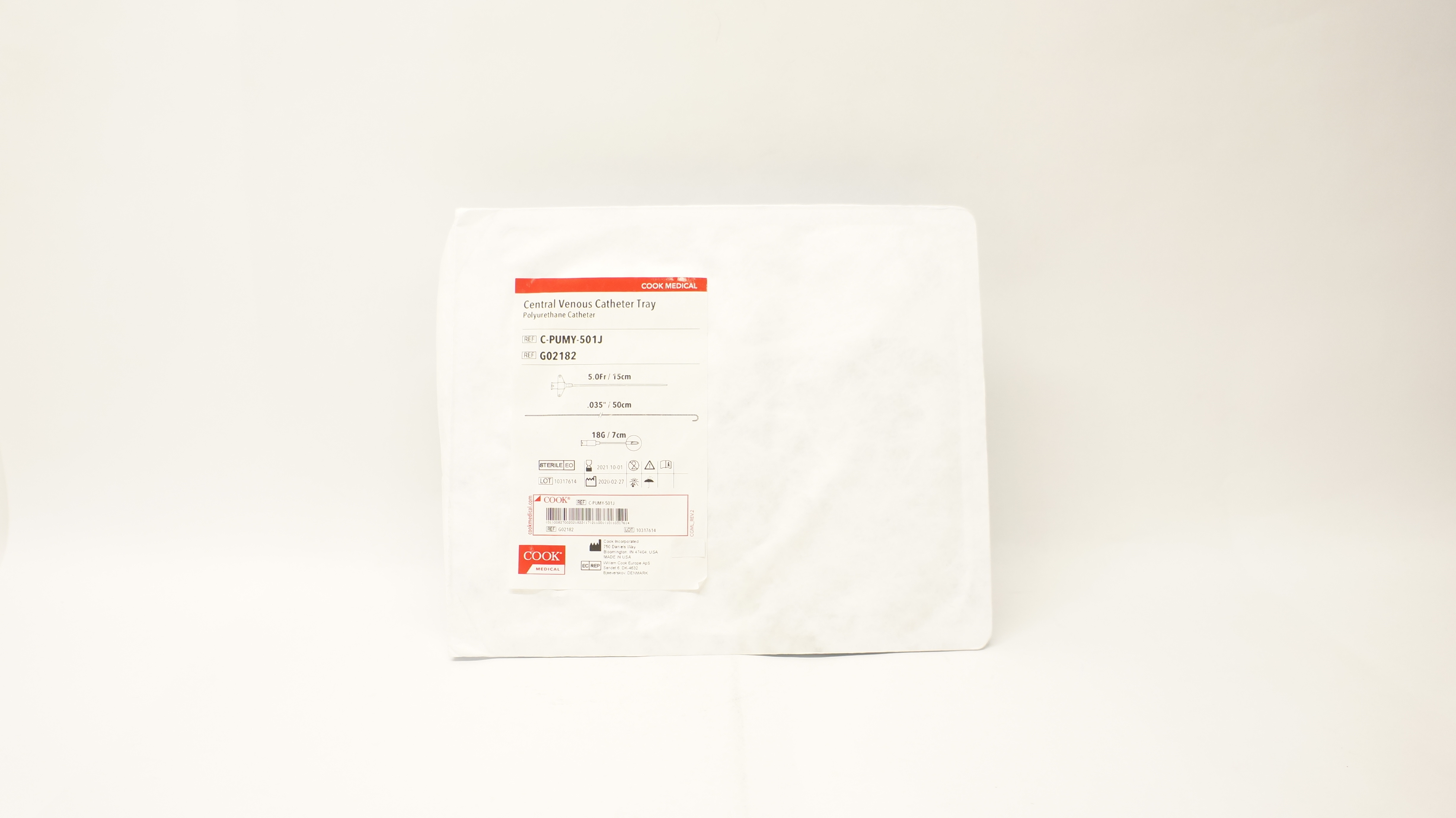 Cook Medical G02182 Central Venous Cath. Tray 5.0Fr x .035inch x 18G (x)