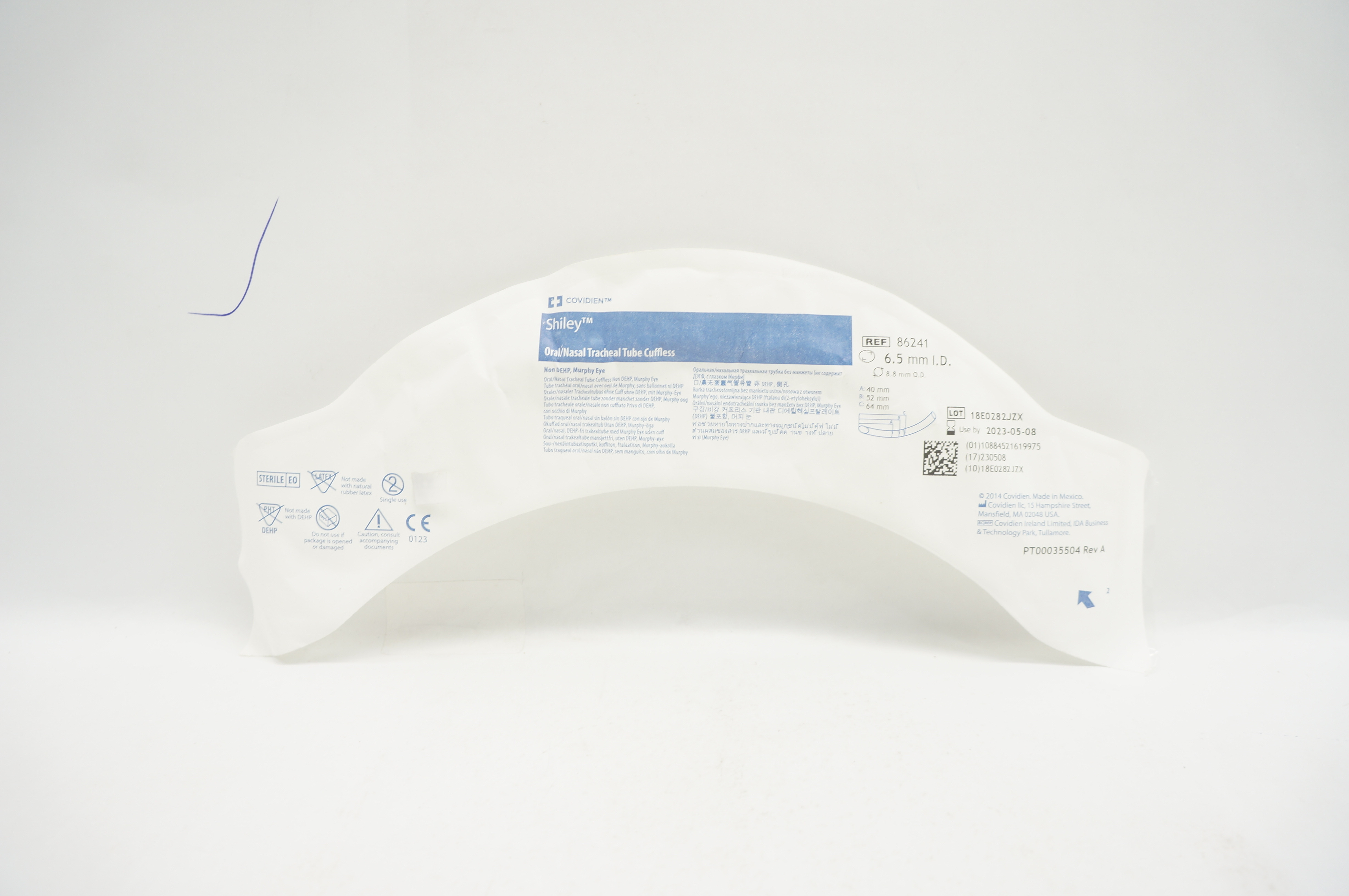 Covidien 86241 Shiley Oral/Nasal Tracheal Tube Cuffless 6.5mm ID x 8.8mm OD