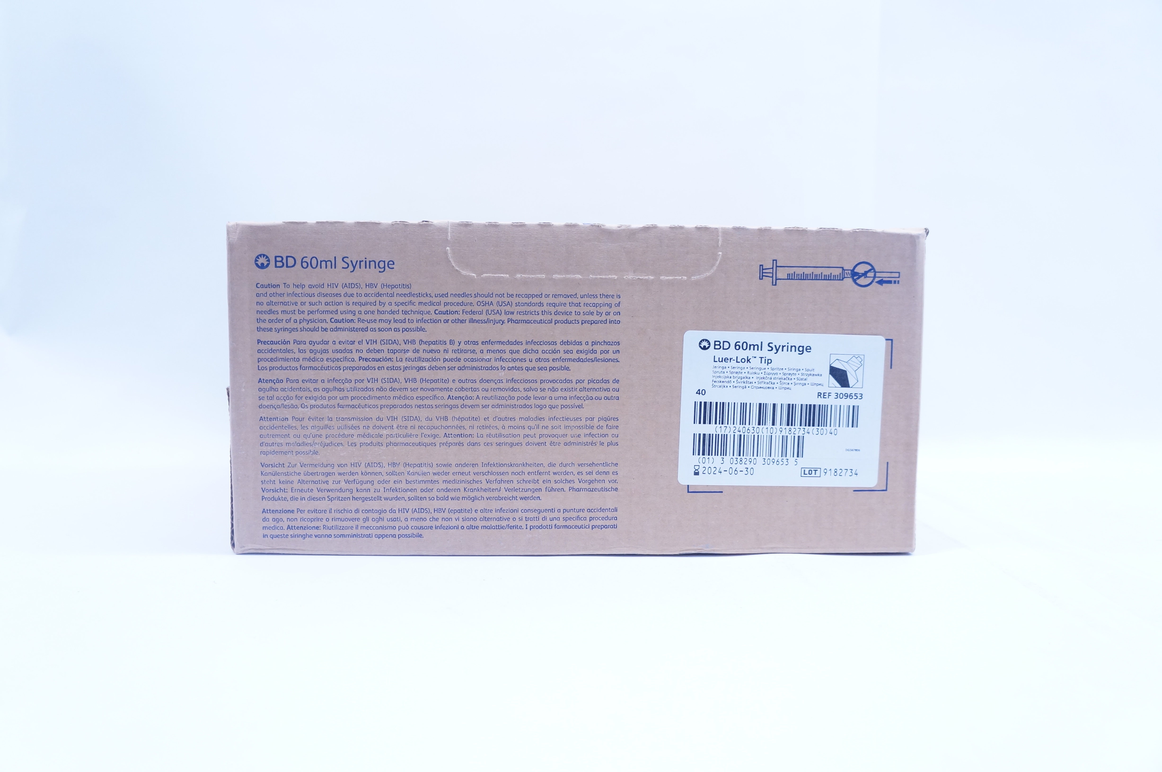 BD 309653 60ml Syringe Luer-Lok Tip - Case of 40