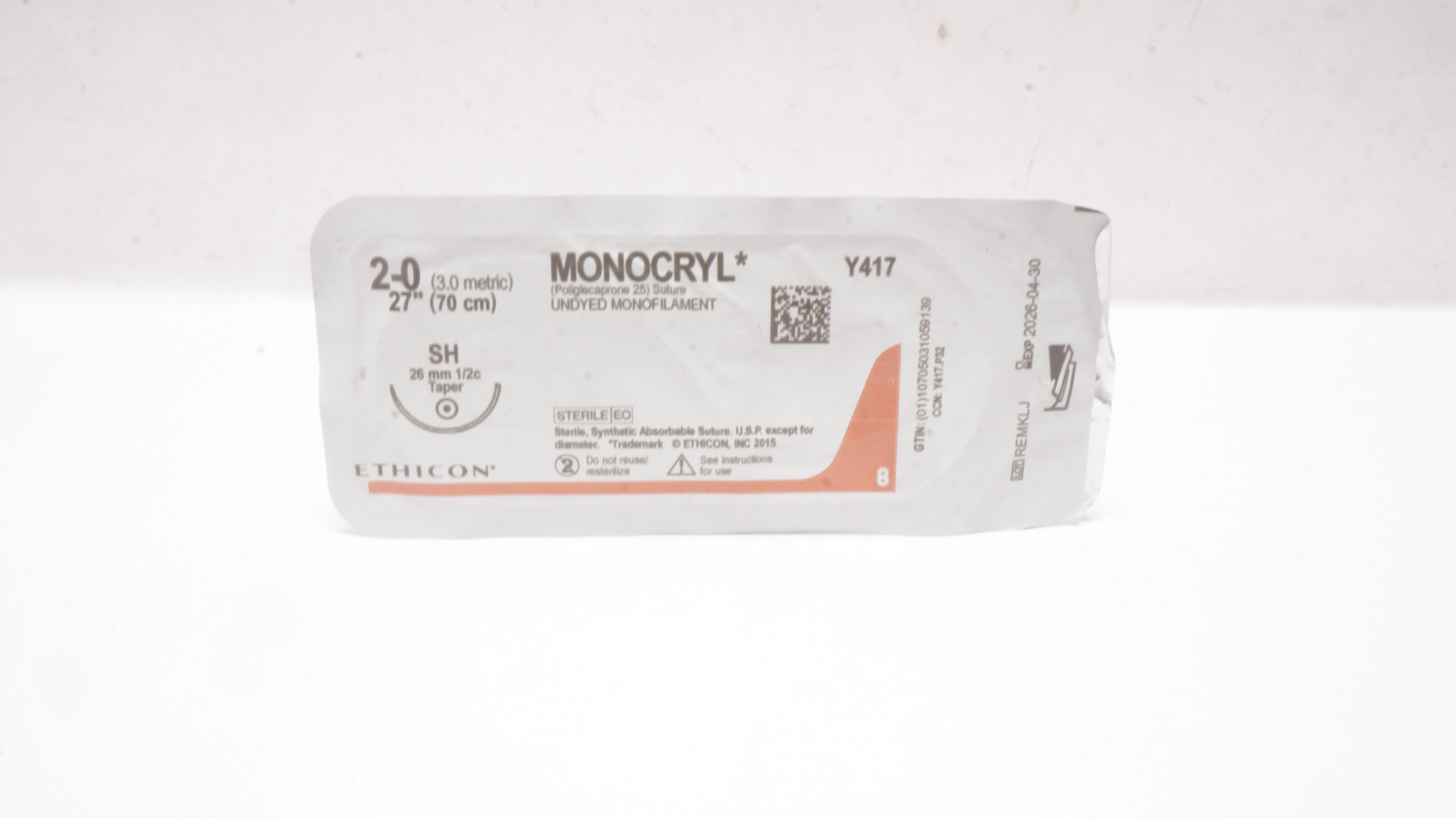 Ethicon Y417 2-0 MONOCRYL Undyed Monofilament SH 26mm1/2c Taper 27inch