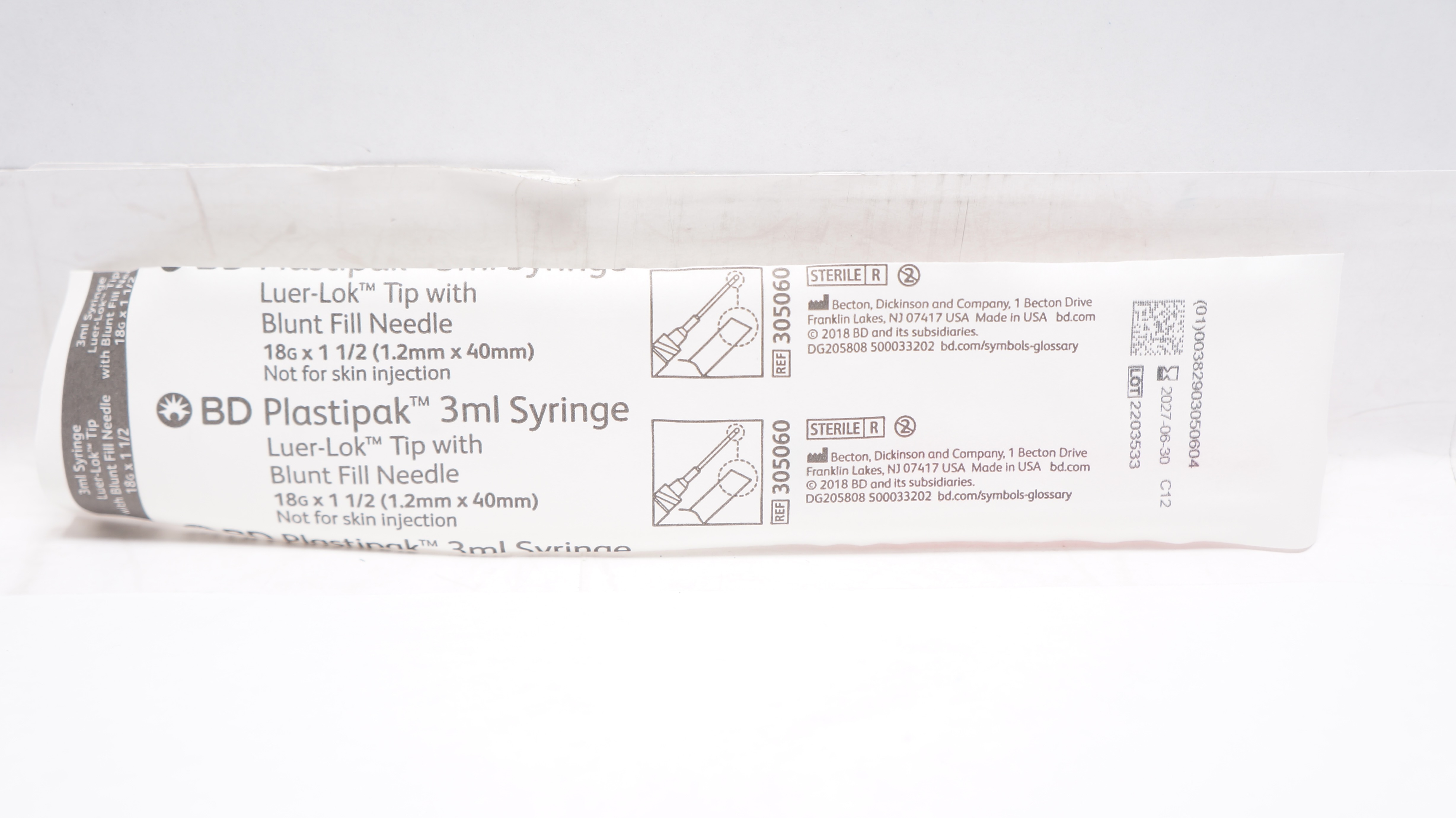 BD 305060 Plastipak Syringe 3ml Luer-Lok Tip w/Blunt Fill Ndle 18G x 1-1/2inch