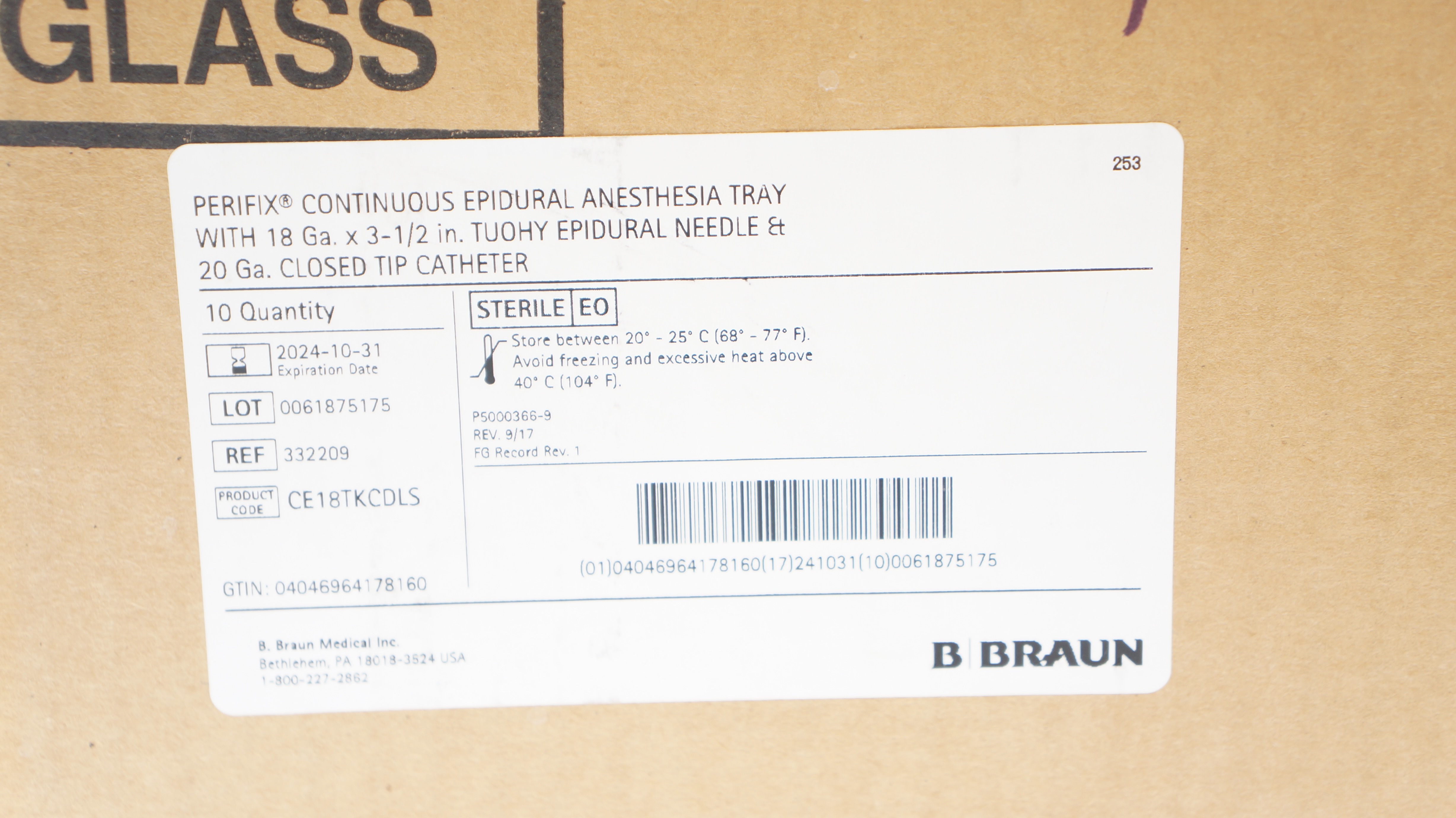 Braun 332209 Perifix Epidural Anesthesia Tray - Box of 10