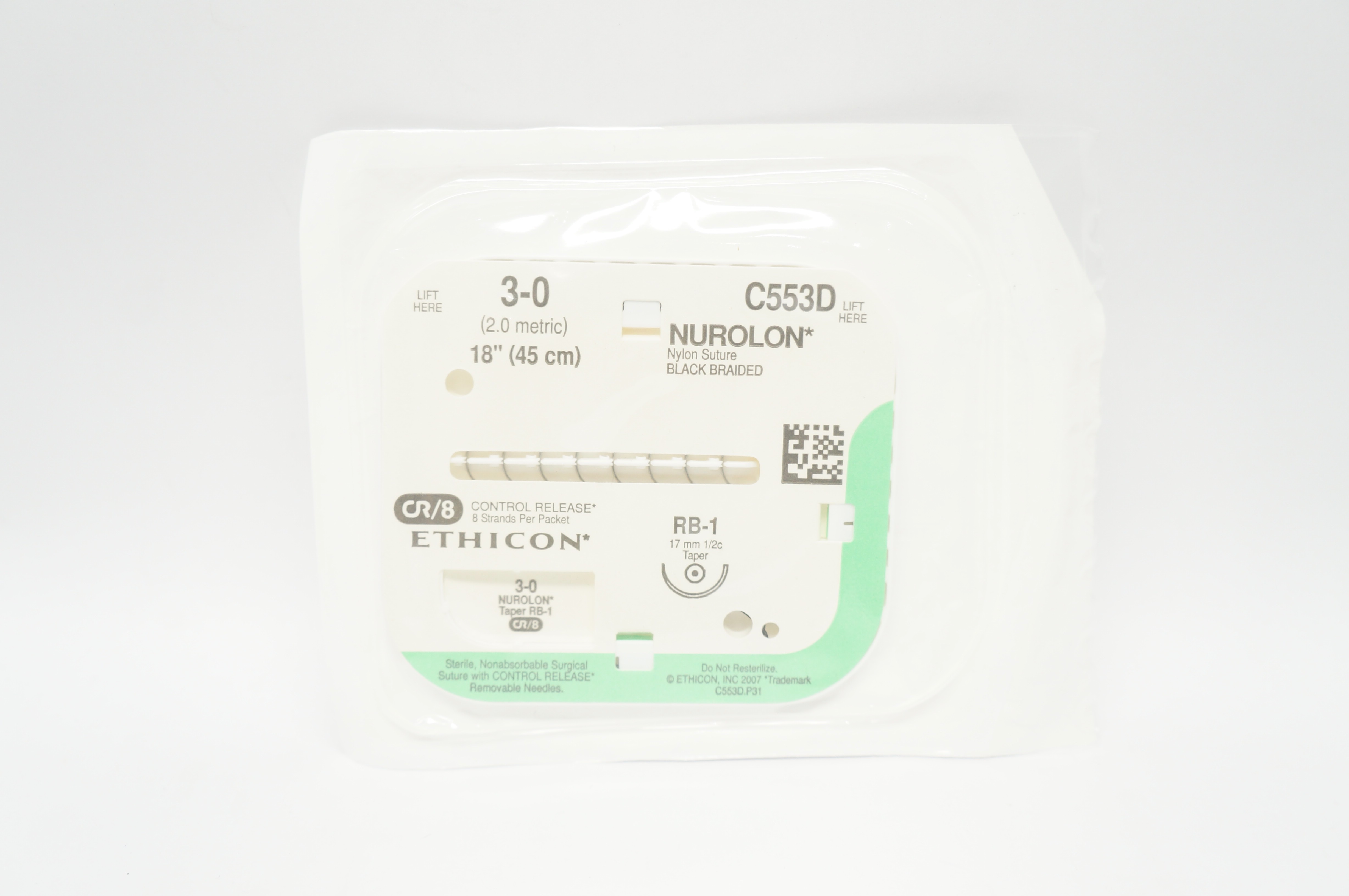 Ethicon C553D 3-0 Nurolon Nylon Stre RB-1 17mm 1/2c Taper 18inch