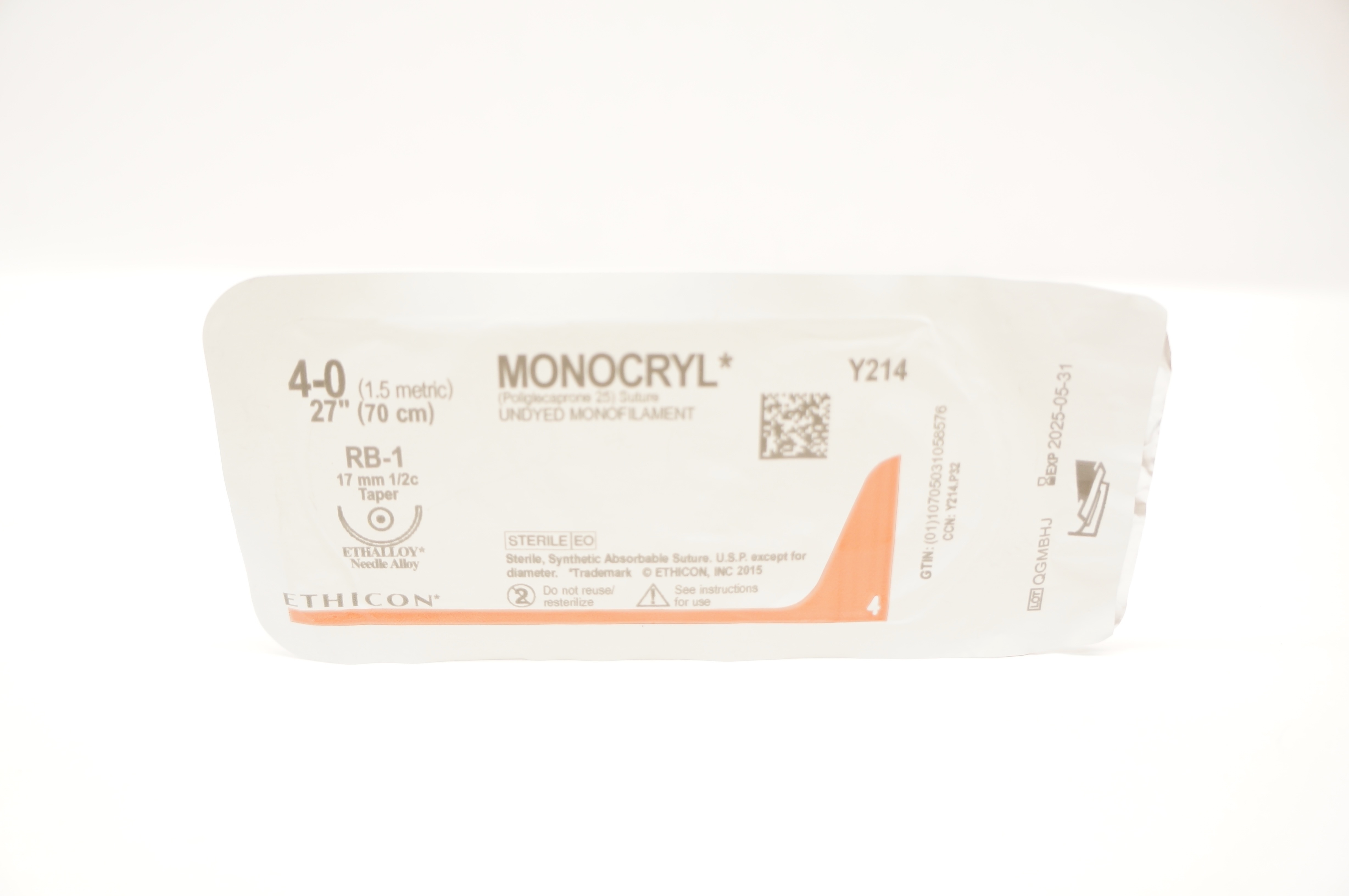 Ethicon Y214 4-0 MONOCRYL Undyed Monofilament RB-1 17mm 1/2c Taper 27inch
