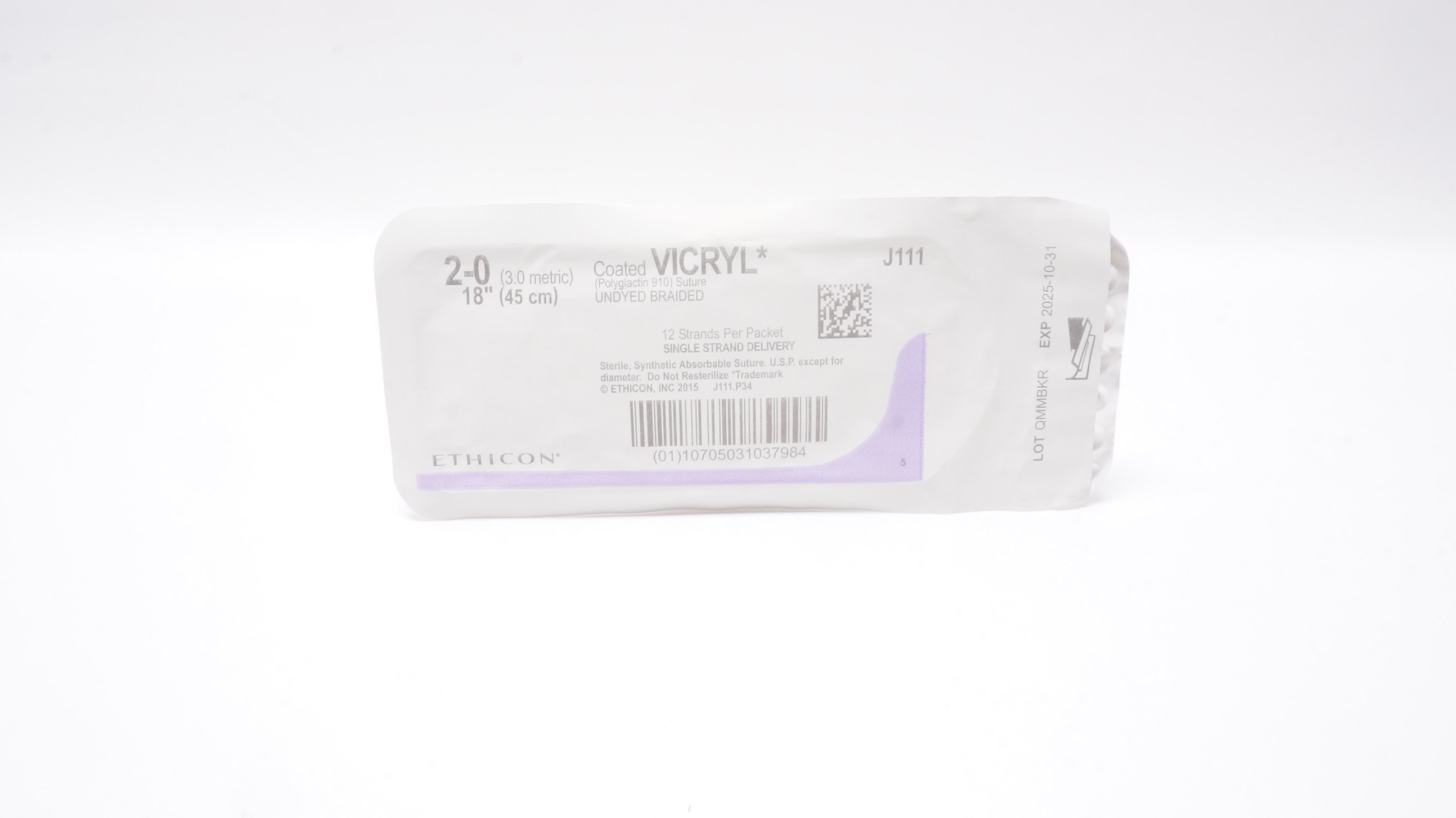Ethicon J111 2-0 Coated VICRYL Polyglactin 910 Stre Undyed Braided, 18inch