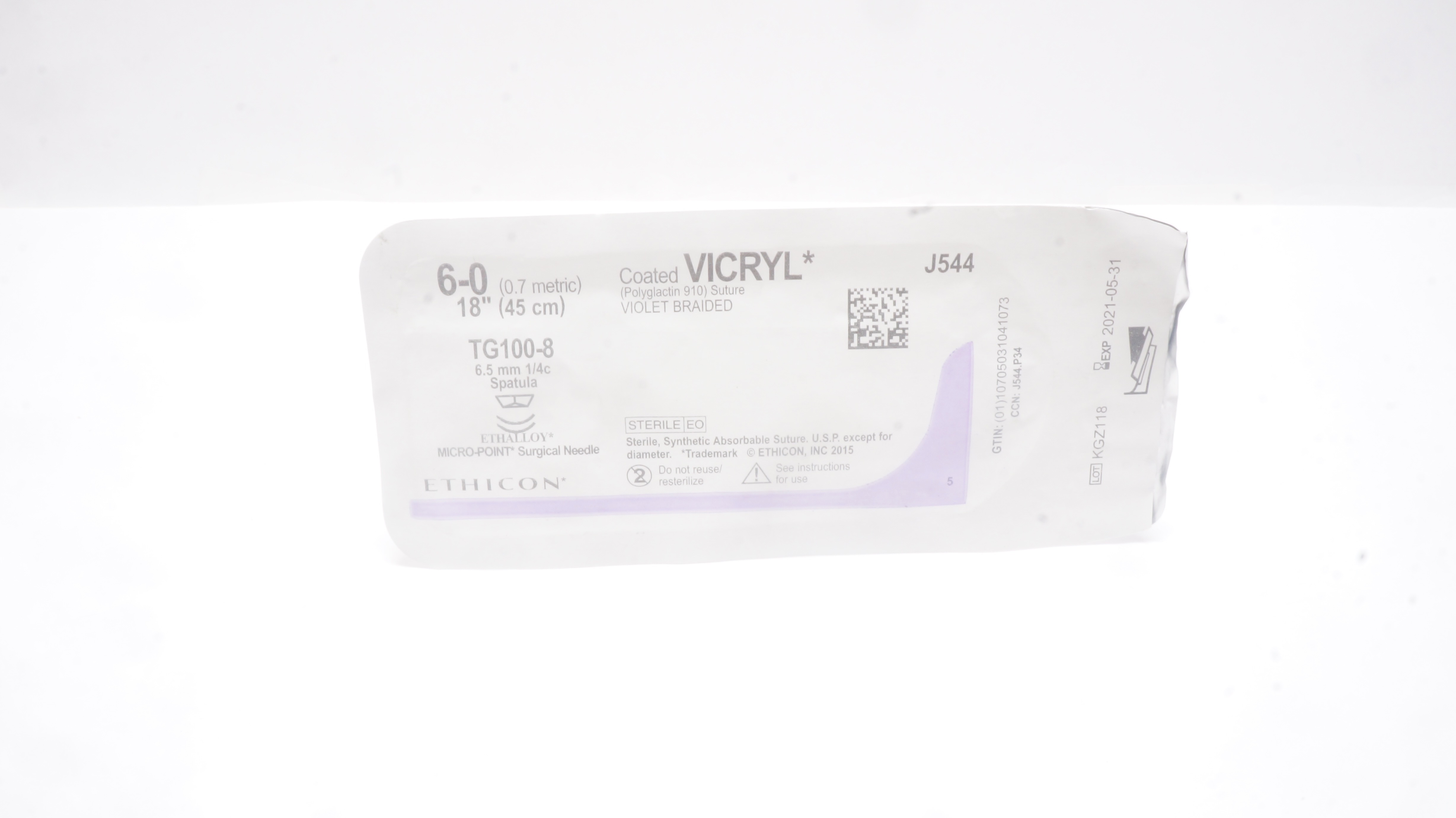 Ethicon J544 6-0 VICRYL TG100-8 6.5mm 1/4c Spatula 18inch (x)