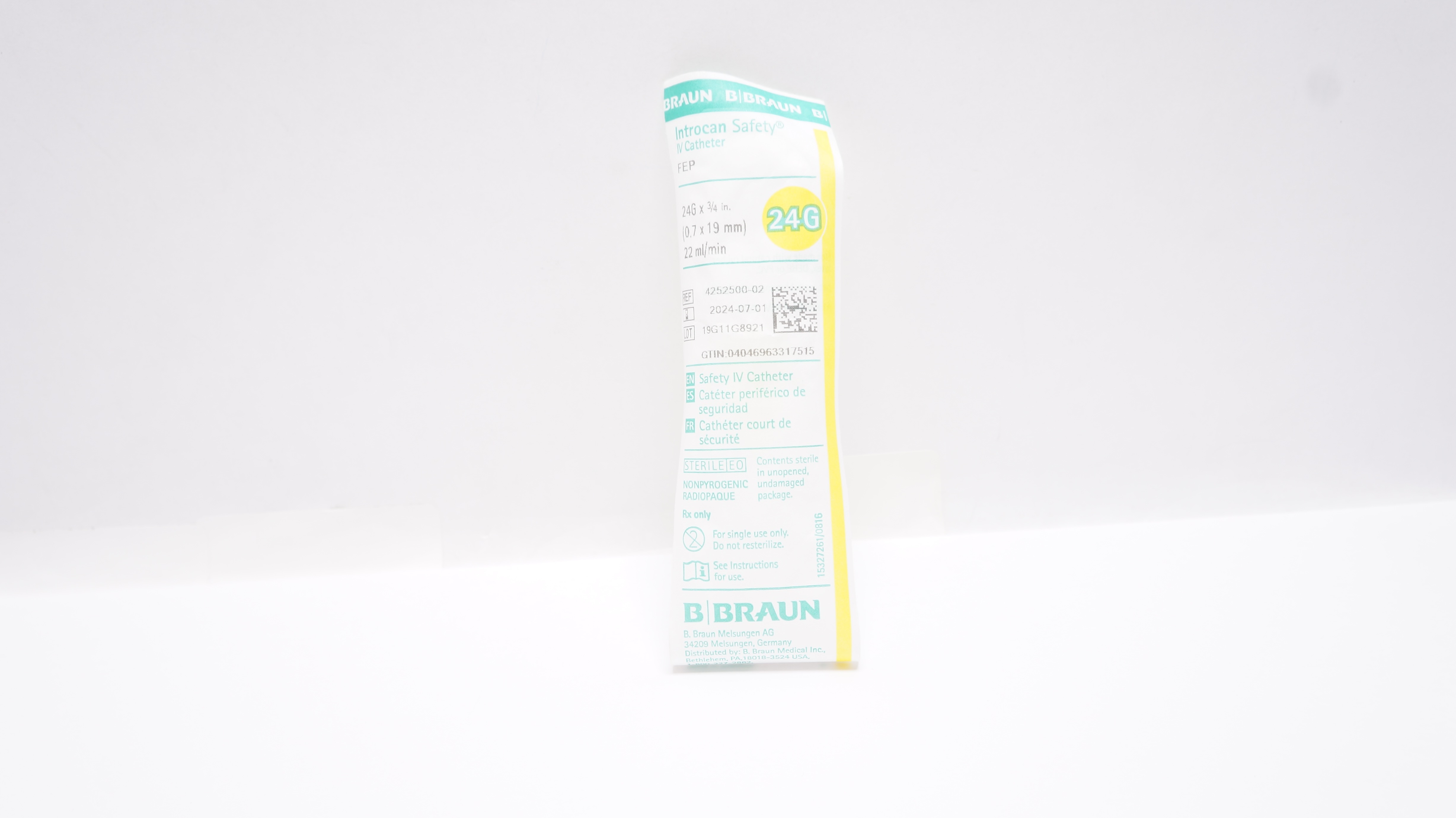 Braun 4252500-02 Introcan Safety IV Cath. 24G x 3/4 inch 22 ml/min