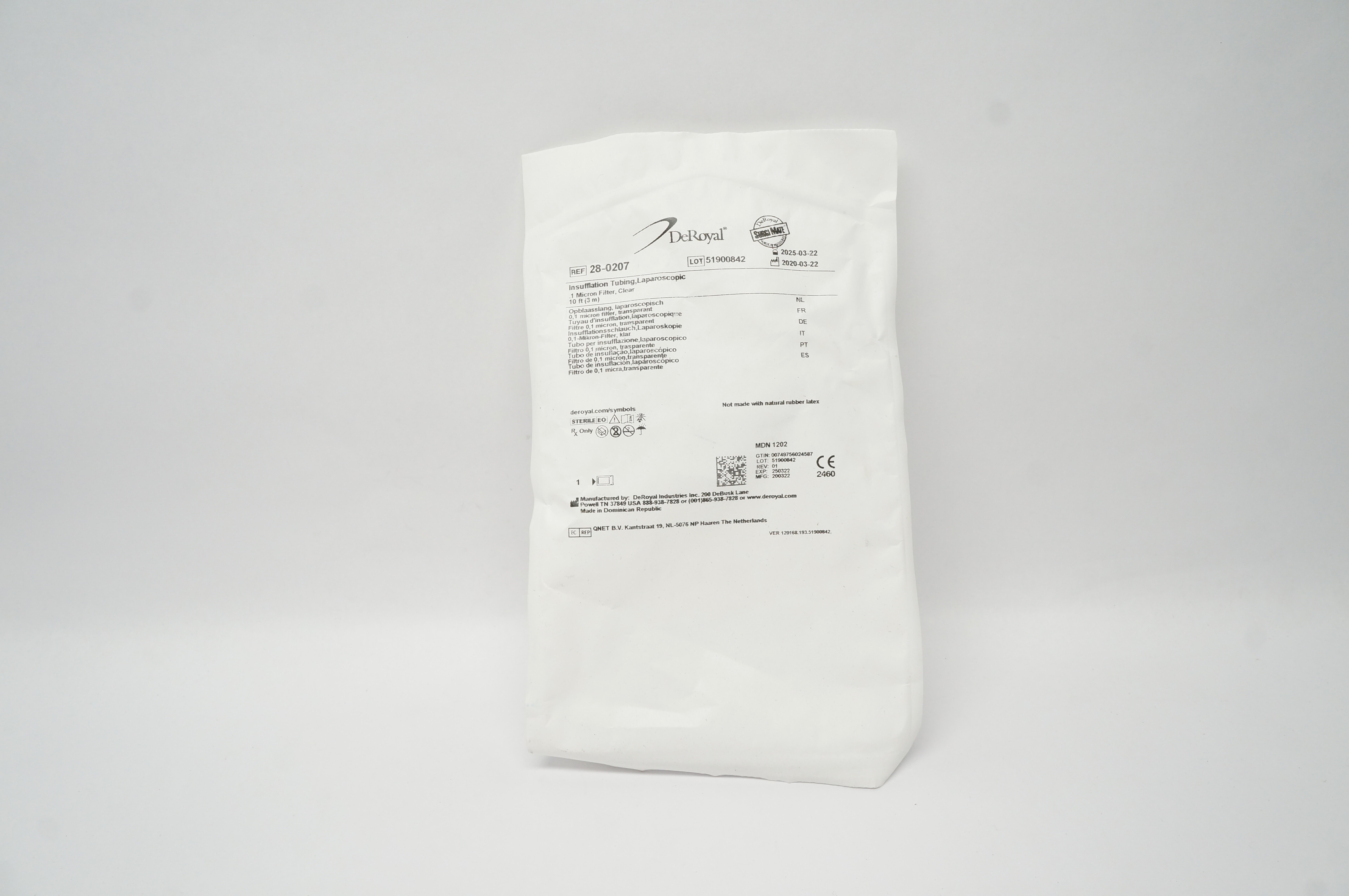 DeRoyal 28-0207 Insufflation Tubing Laparoscopic 1 Micron Filter Clear 10ft