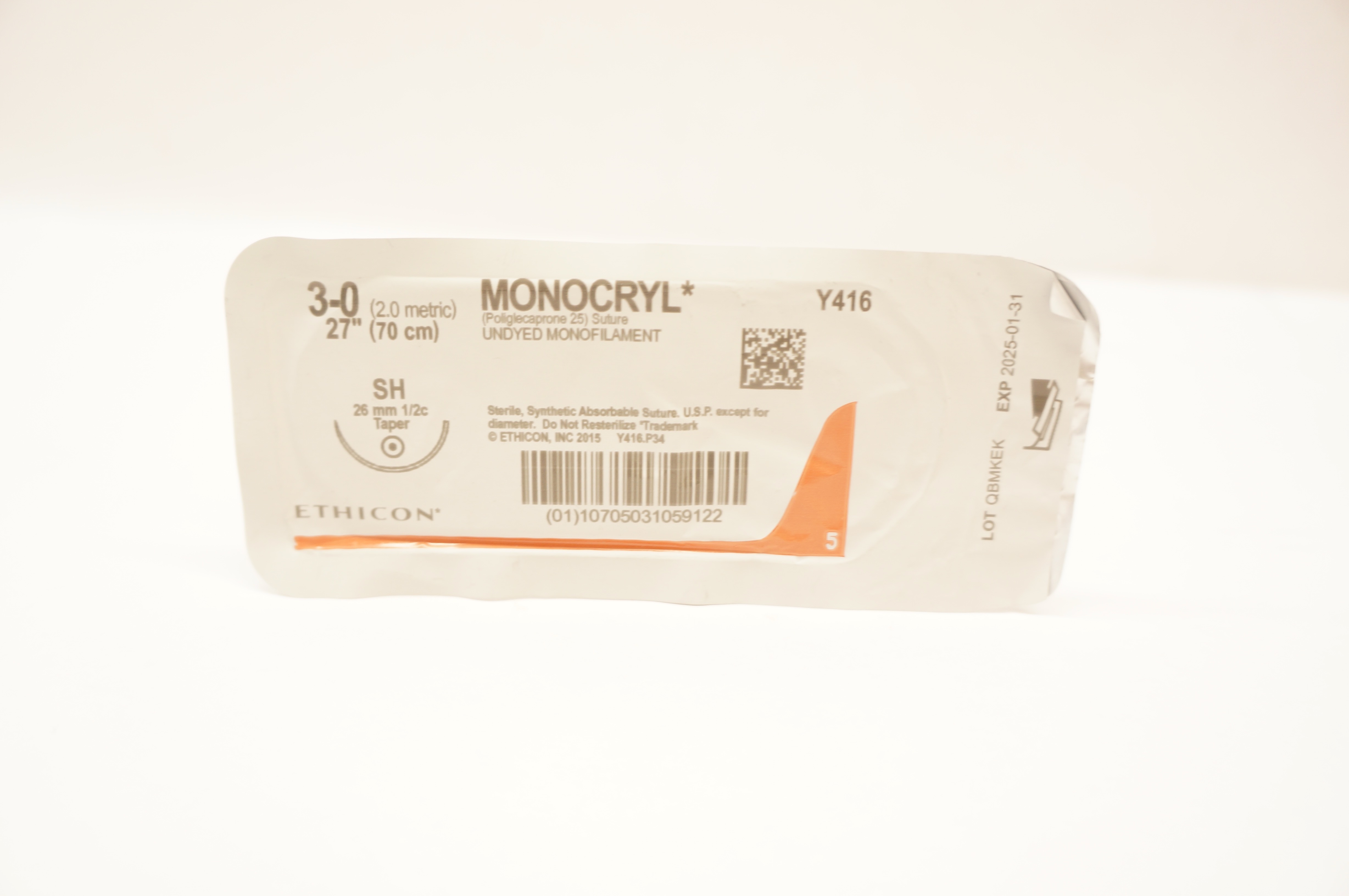 Ethicon Y416 3-0 Monocryl Poliglecaprone 25 Stre SH 26mm 1/2c Taper, 27 inch