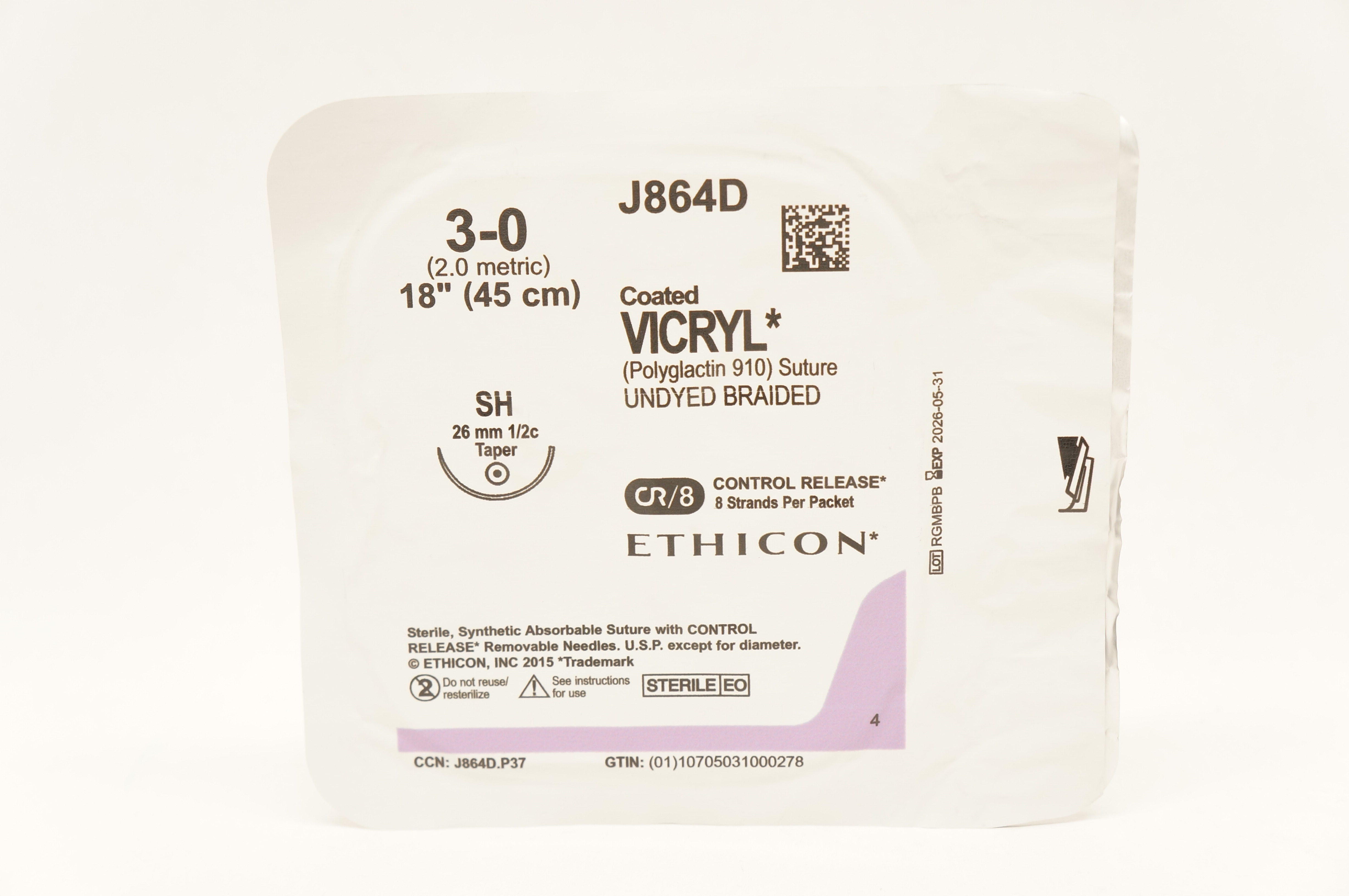 C013d Ethicon J864D 3-0 Coated VICRYL Stre SH 26mm 1/2c Taper 18inch