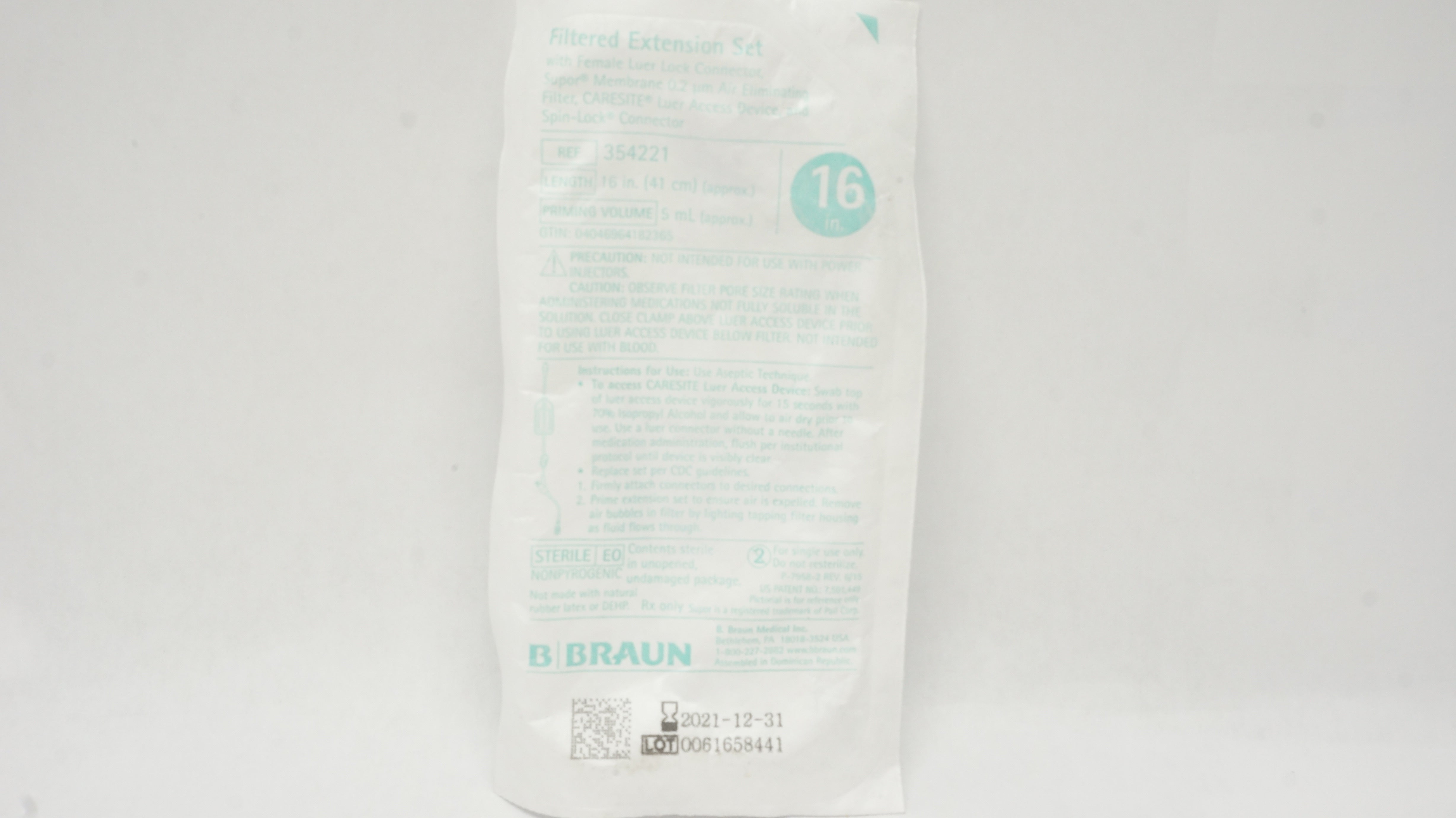 Braun 354221 Filtered Extension Set w/Female Luer Lock Connector 5mL, 16inch (x)