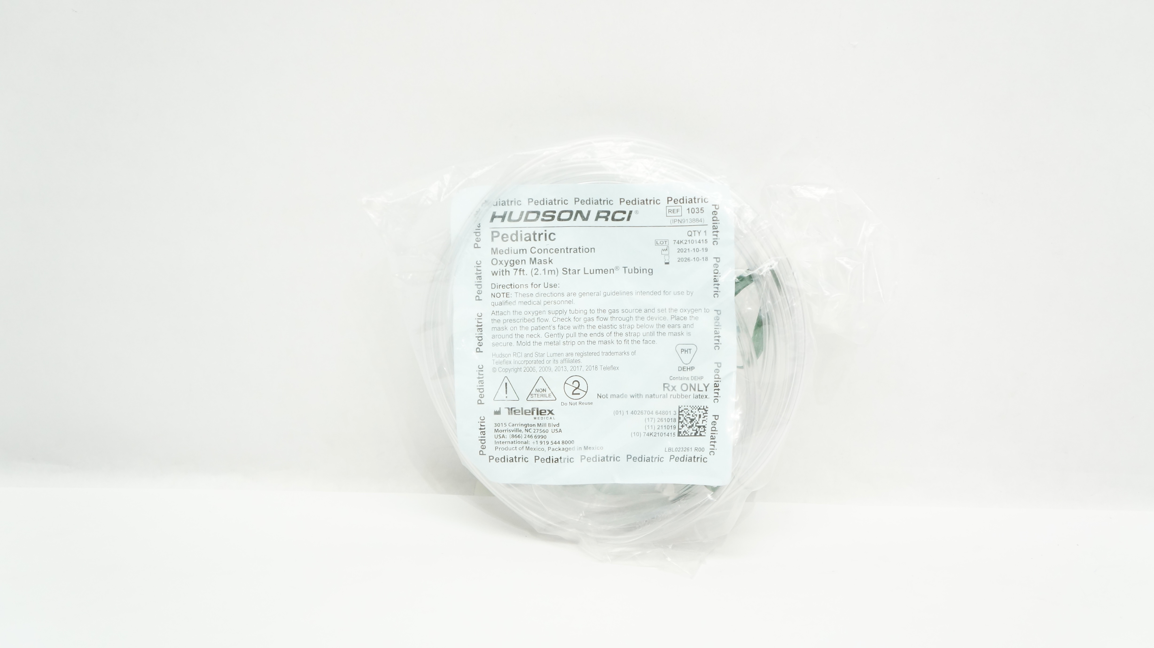 Teleflex 1035 Hudson RCI Pediatric Medium Concentration Oxygen Mask w/7ft Tubing