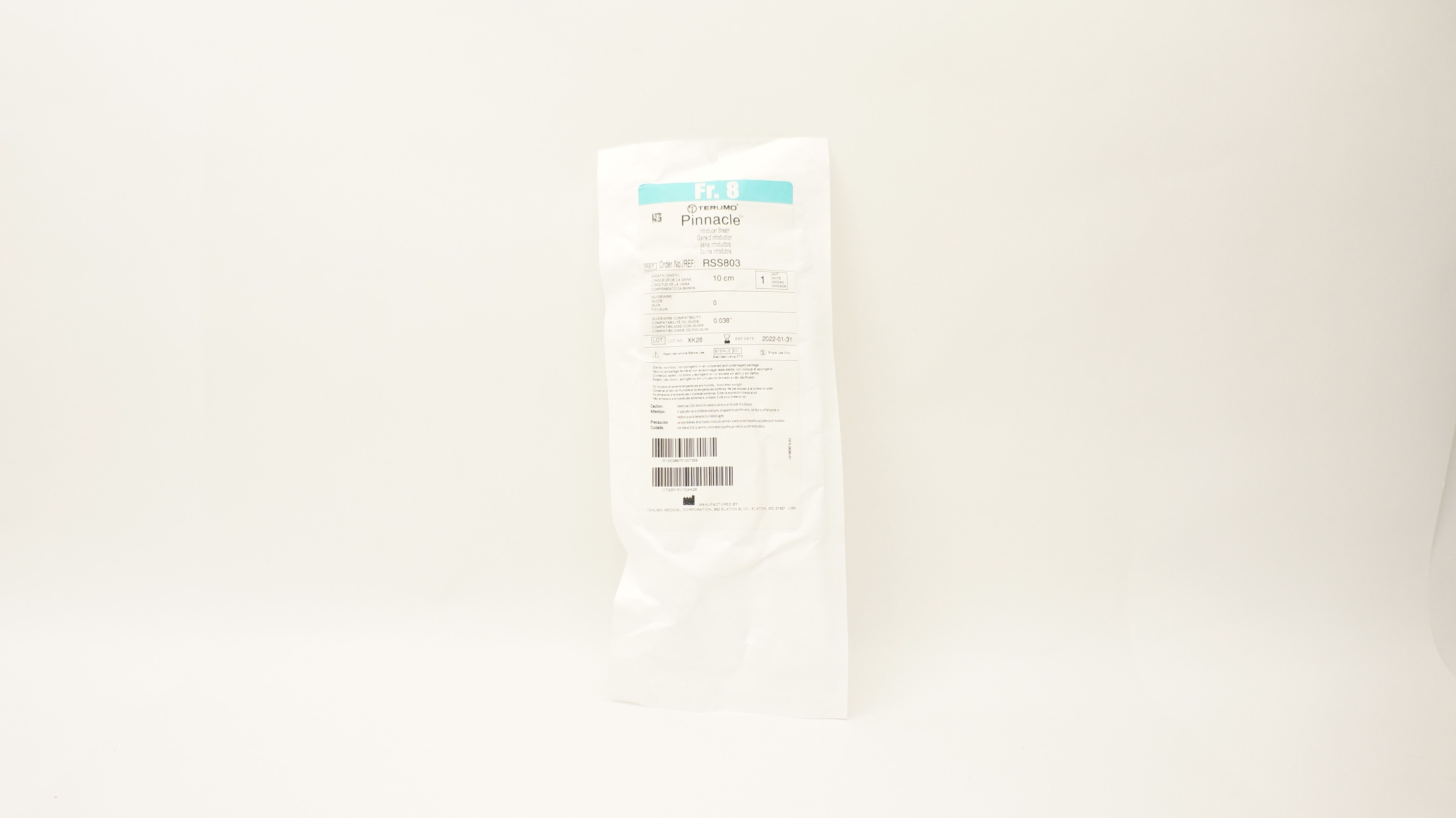 Terumo RSS803 Pinnacle Introducer Sheath 8Fr x 0.038inch x 10cm