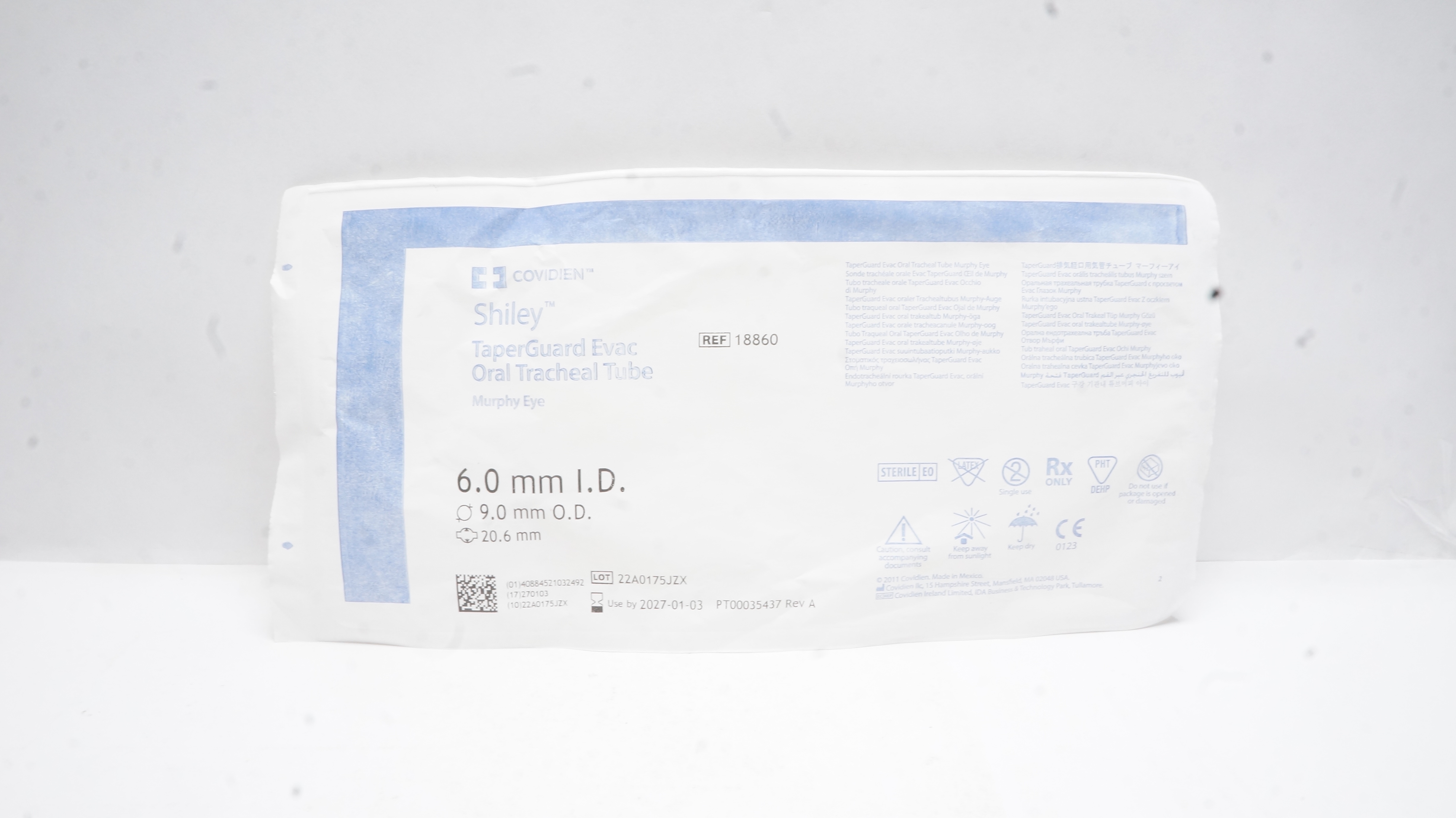Covidien 18860 Shiley TaperGuard Evac Oral Tracheal Tube 6.0ID x 9.0 OD x 20.6mm