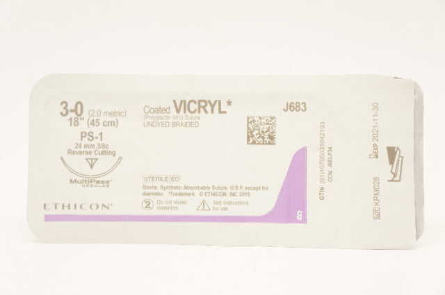 Ethicon J683 Vicryl Polyglactin 910 Stre. Undyed Braided PS-1 18inch (x)