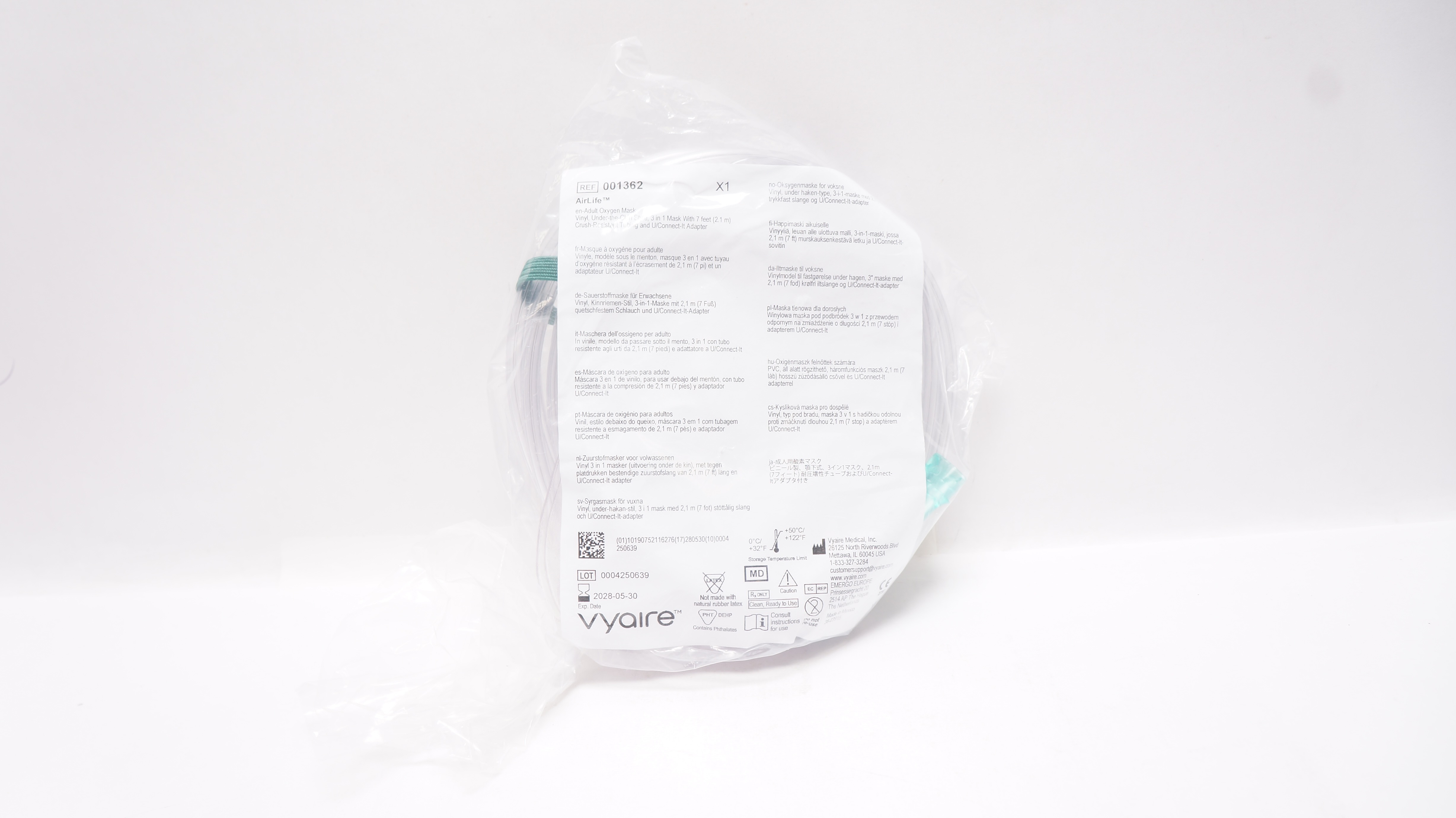 Vyaire 001362 AirLife Adult Oxygen Mask Vinyl w/7ft. Tubing & U/Connect Adapter