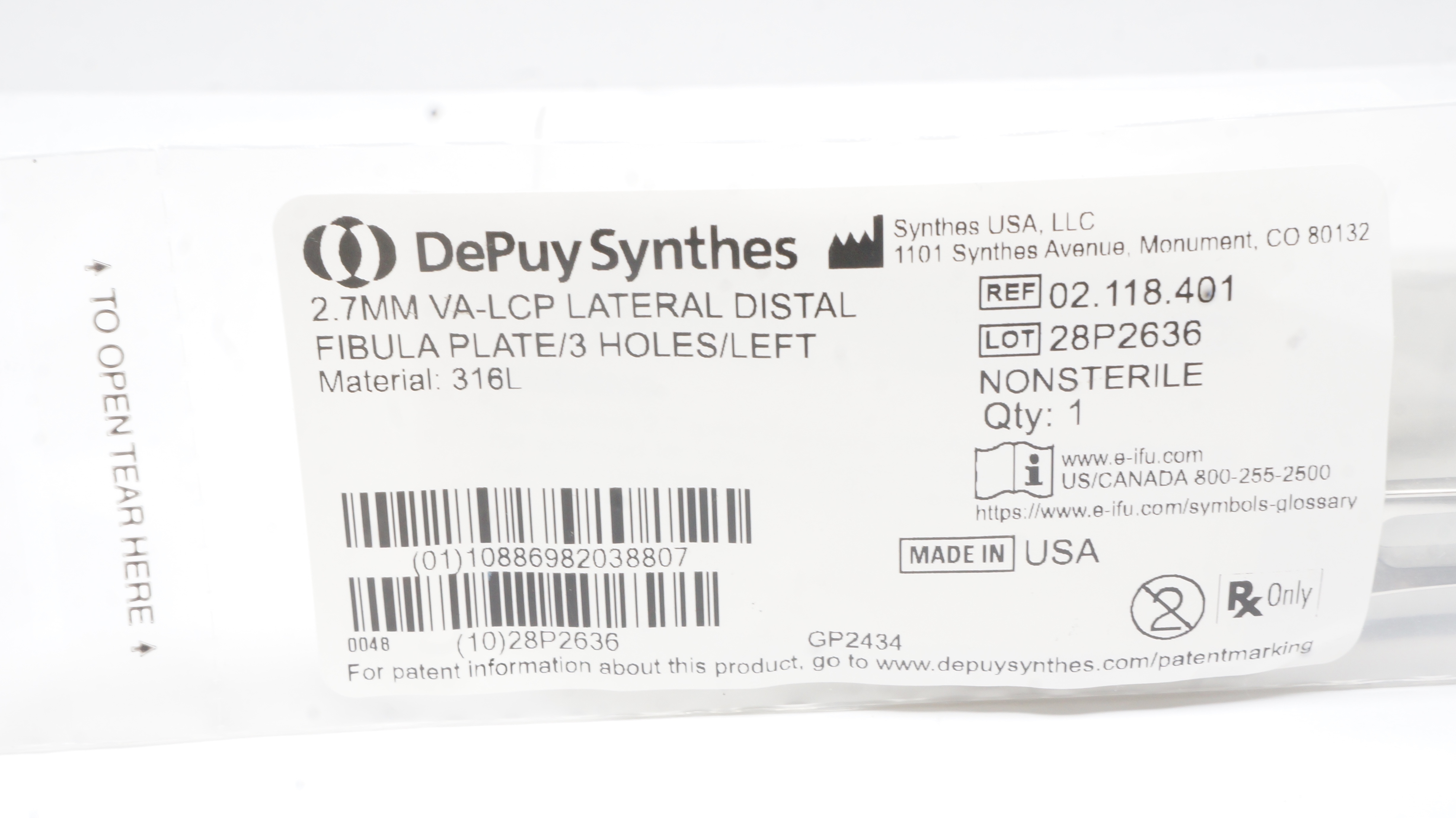DePuy Synthes 02.118.401 2.7mm VALCP Lateral Distal Fibula Plate/3