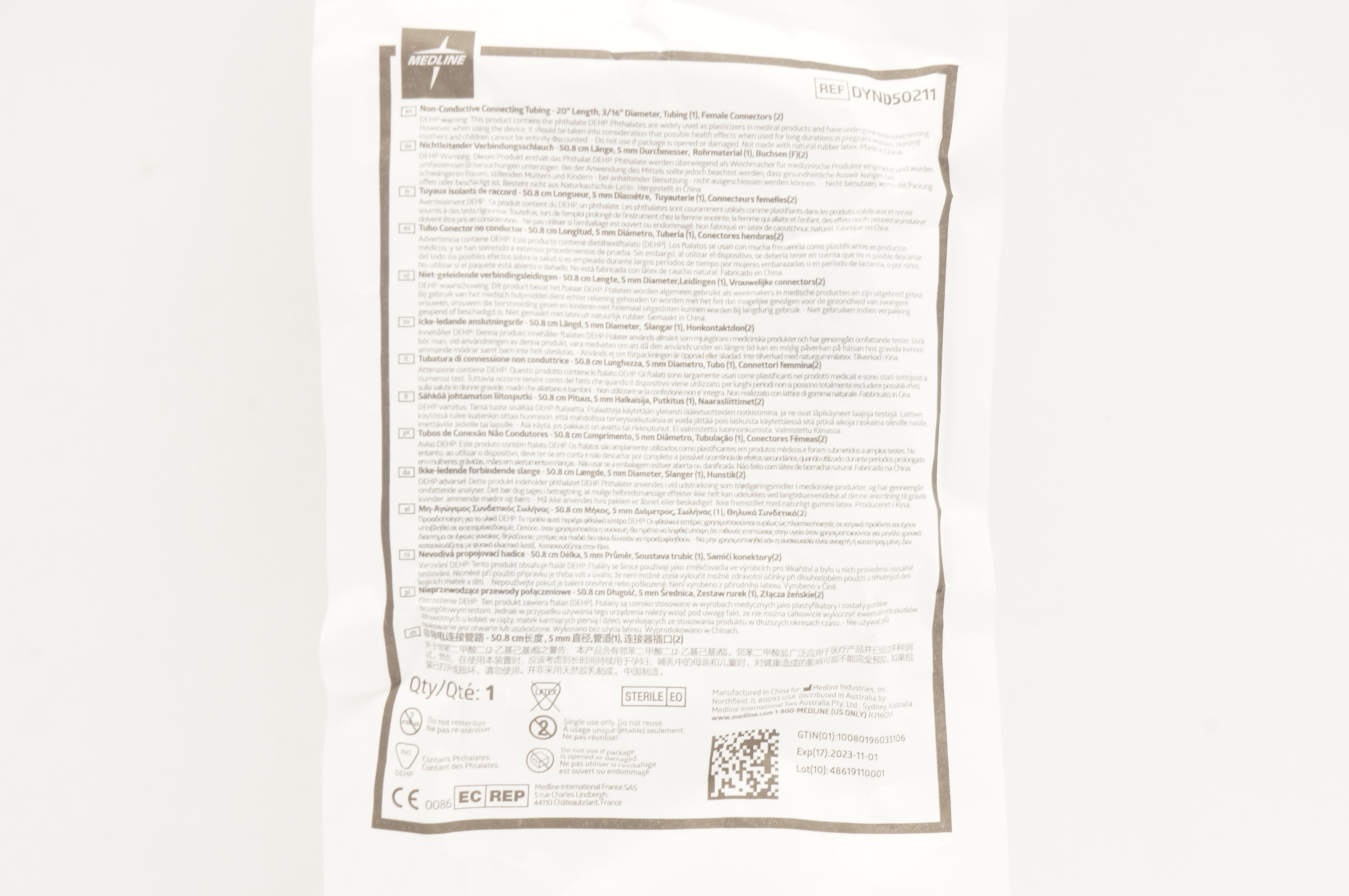 Medline DYND50211 Non Conductive Connecting Tubing 20inch x 3/16inch