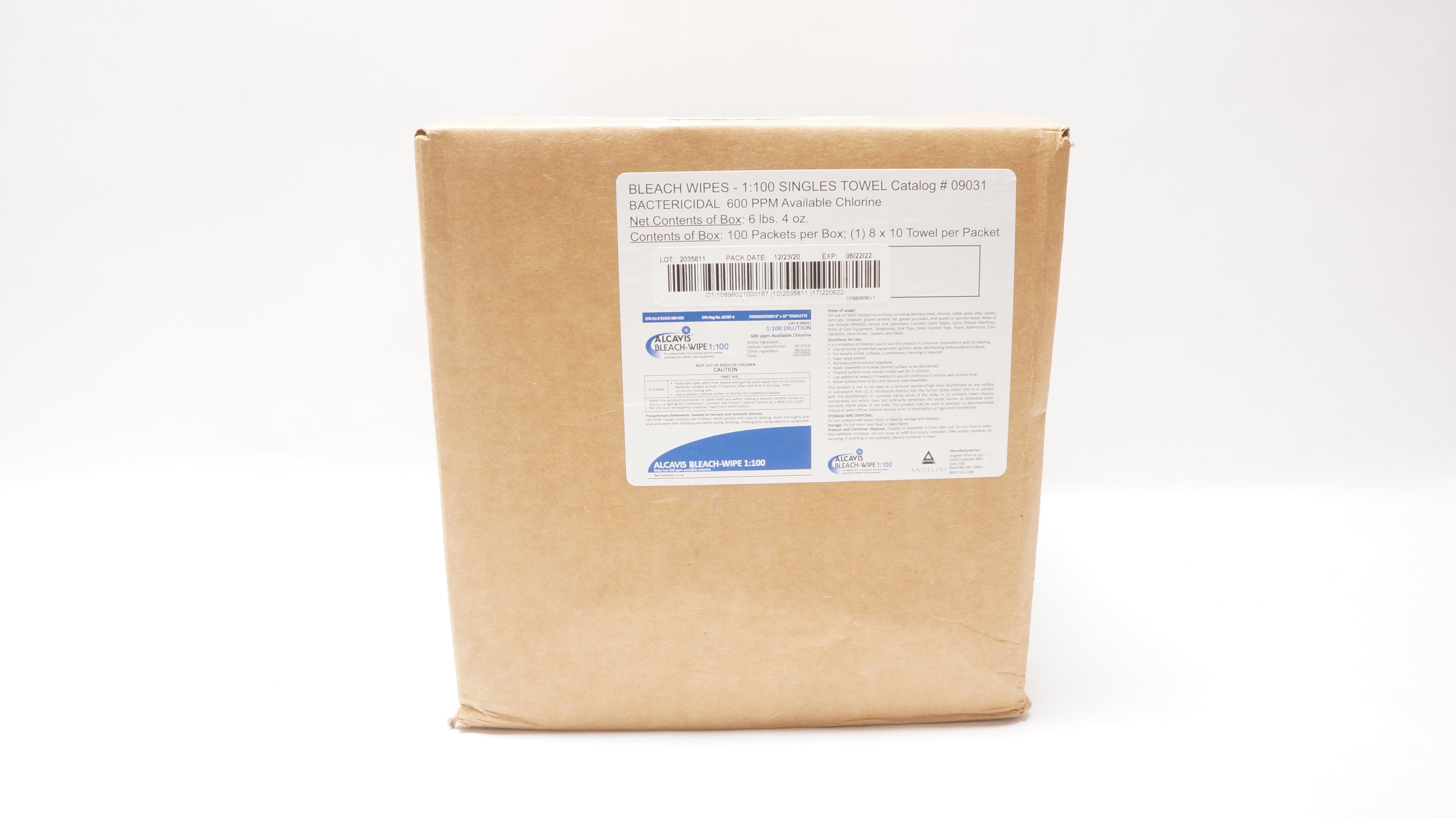 Angelini 09031 Alcavis Bleach Wipe 1:100 Singles Towel - Case of 100 (x)