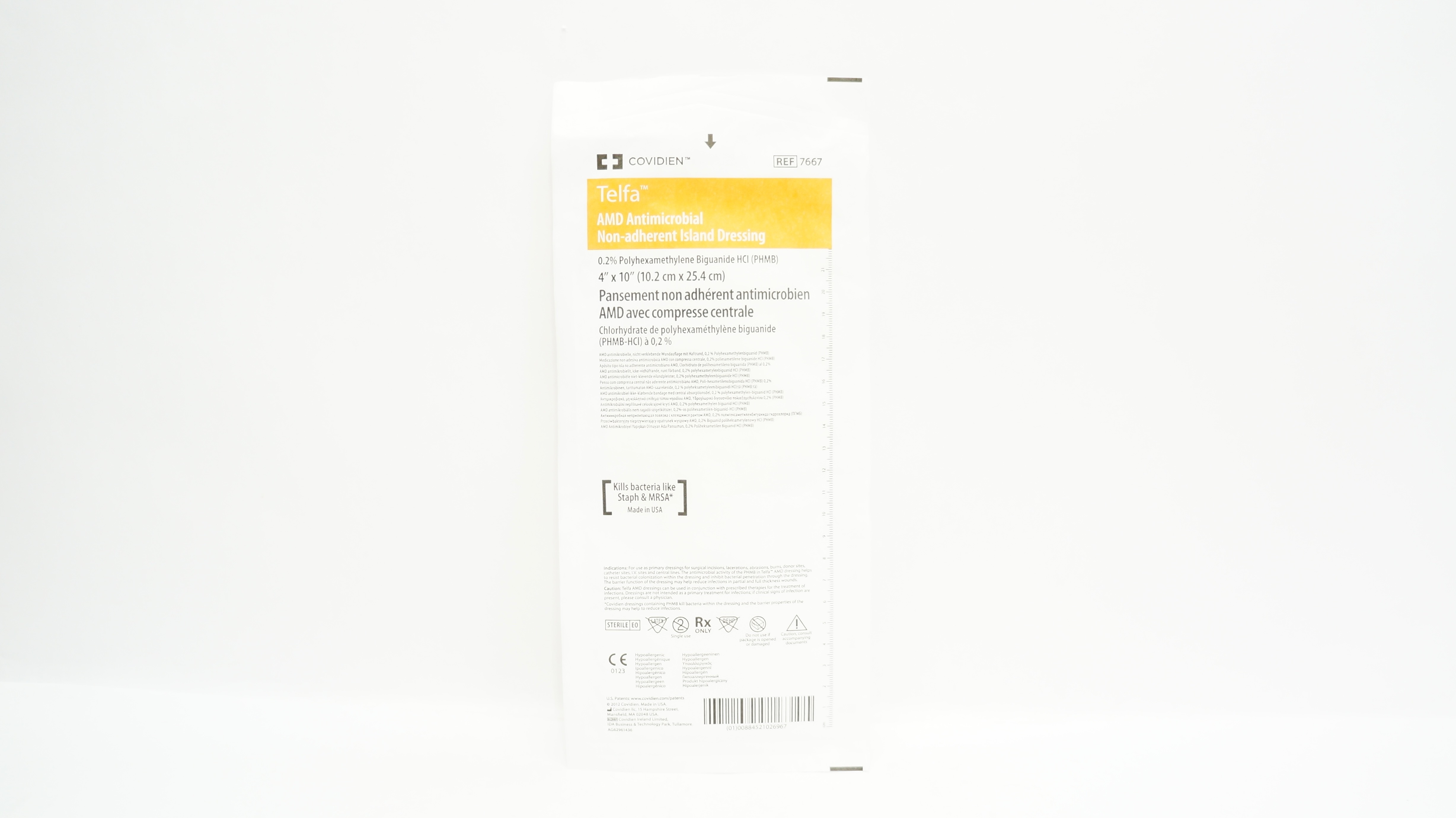 Covidien 7667 Telfa AMD Antimicrobial Non-Adherent Island Dressing 4 x 10 inch