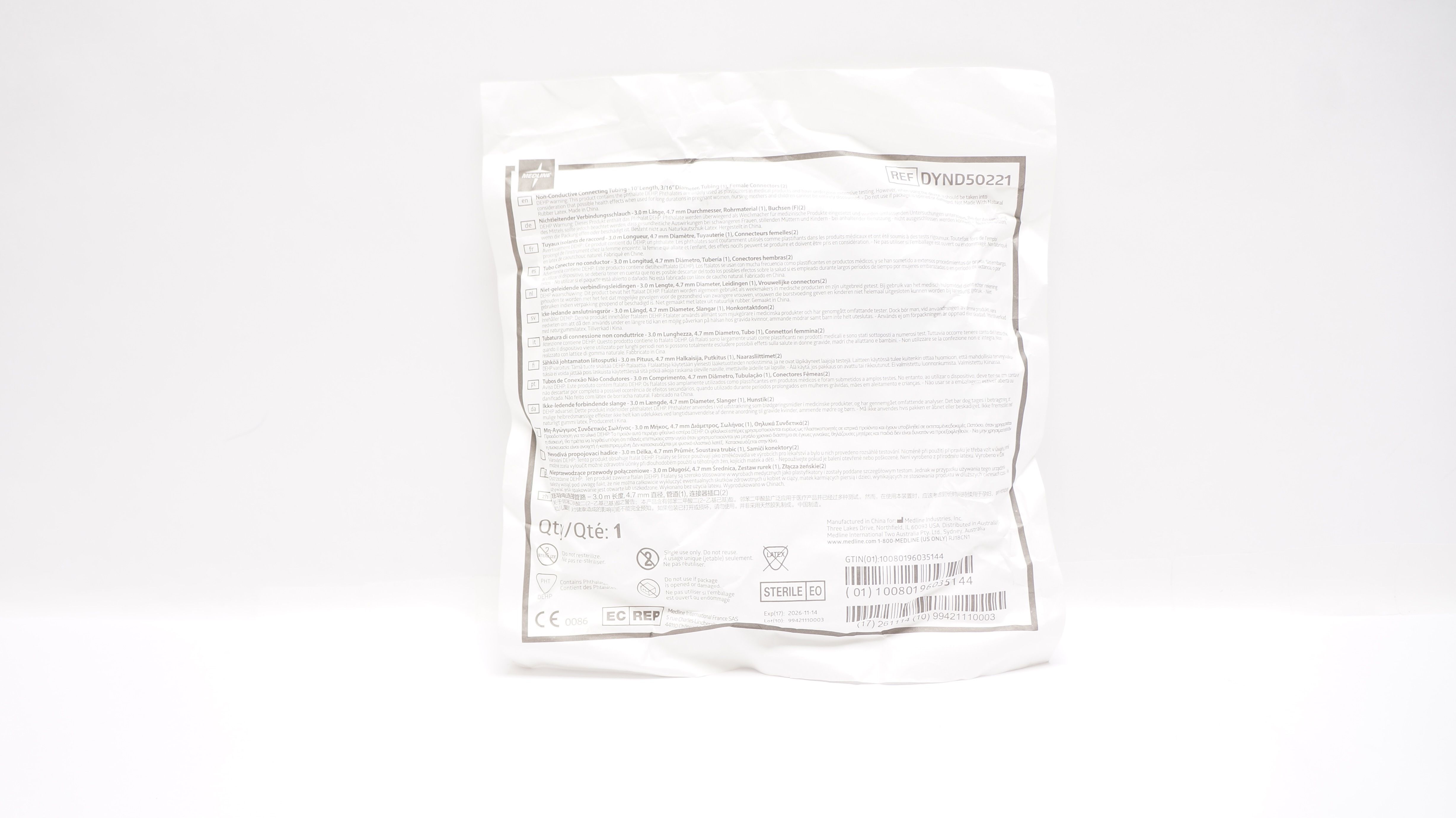 Medline DYND50221 Non-Conductive Connecting Tubing 10Ft Length Diam 3/16inch