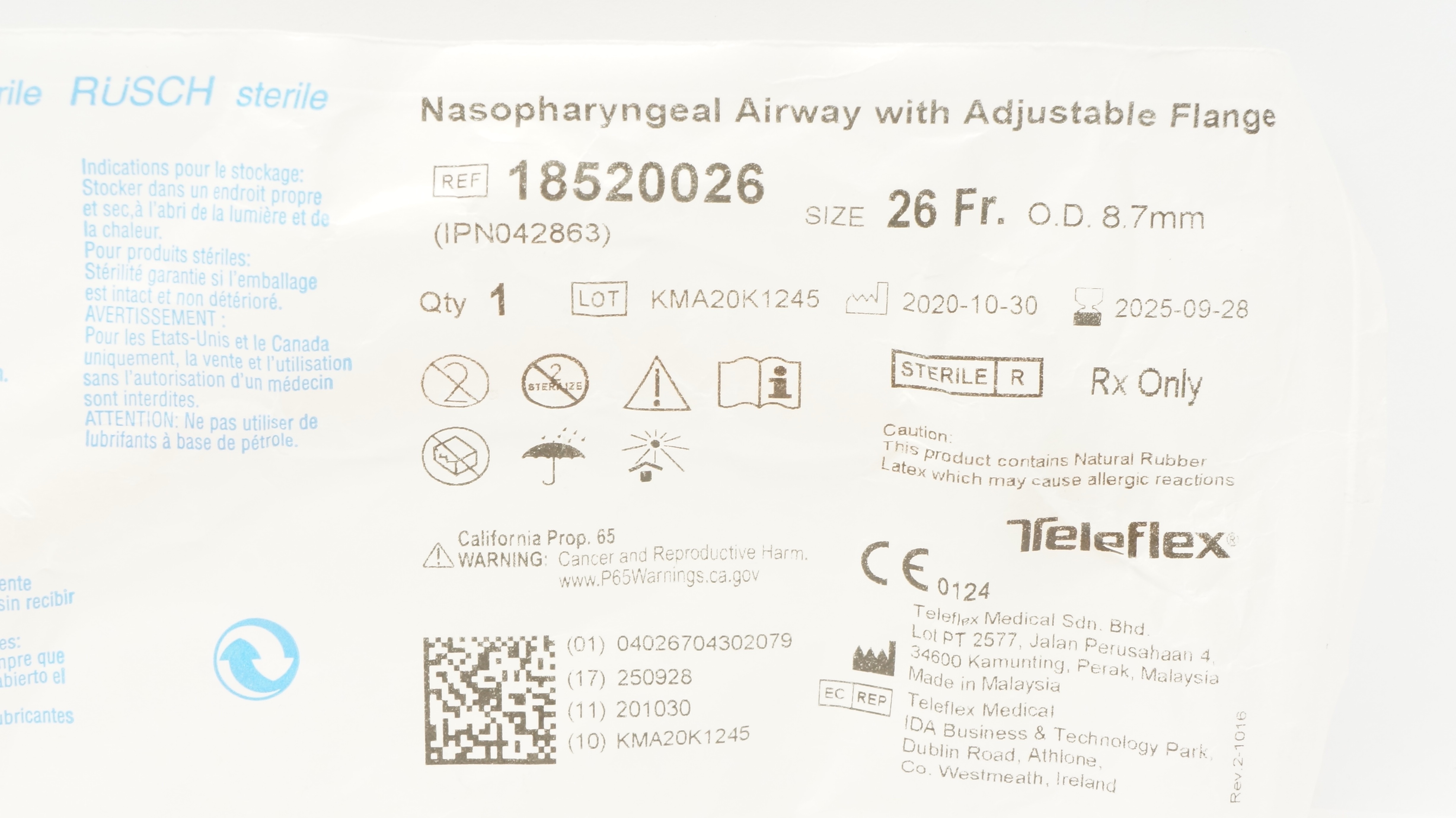 Teleflex 18520026 Nasopharyngeal Airway W/Adjustable Flange, 26Fr x 8.7mm OD