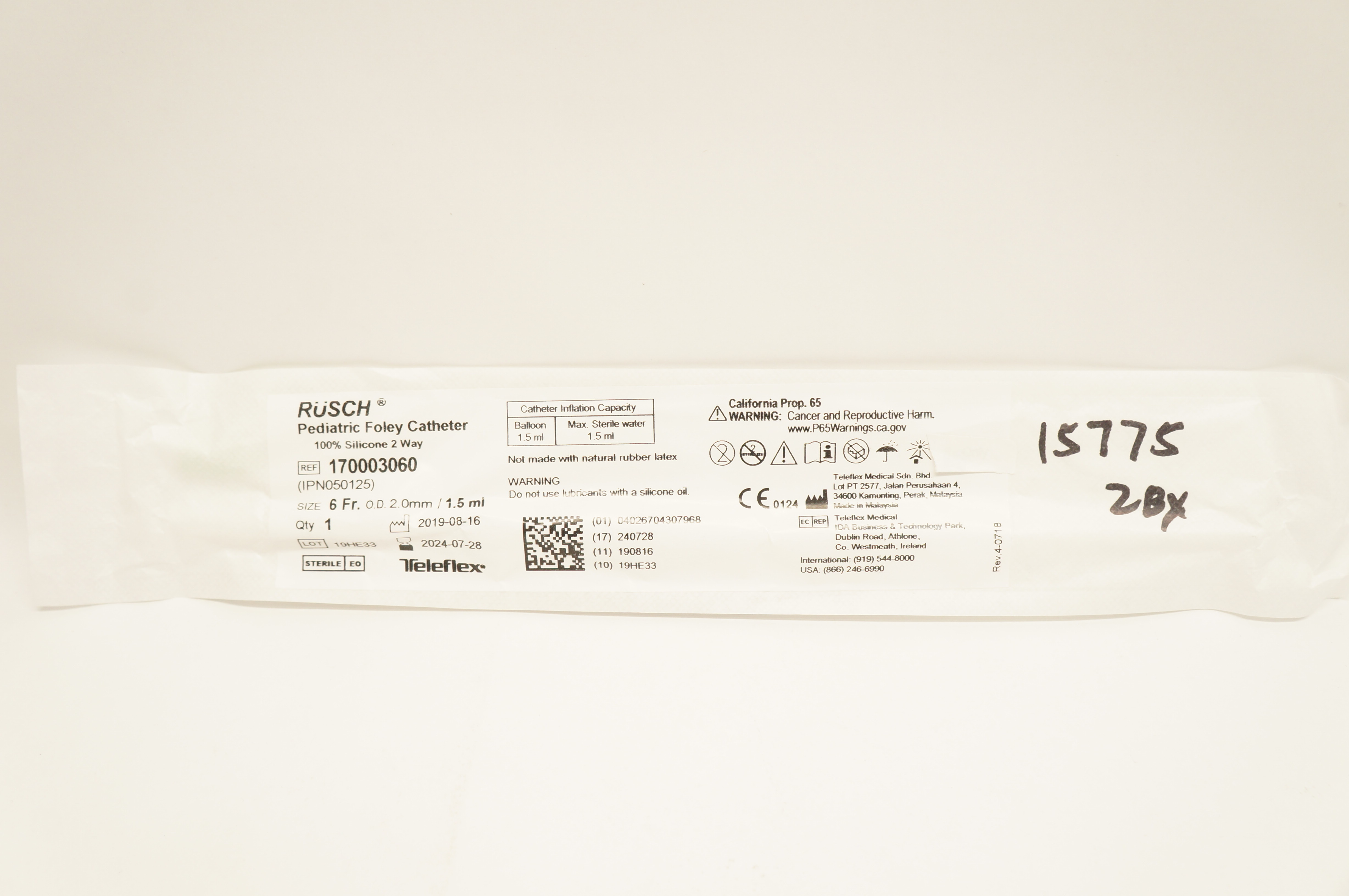 Teleflex 170003060 RUSCH Pediatric Foley Cath. 6Fr x 2.0mm O.D. x 1.5ml