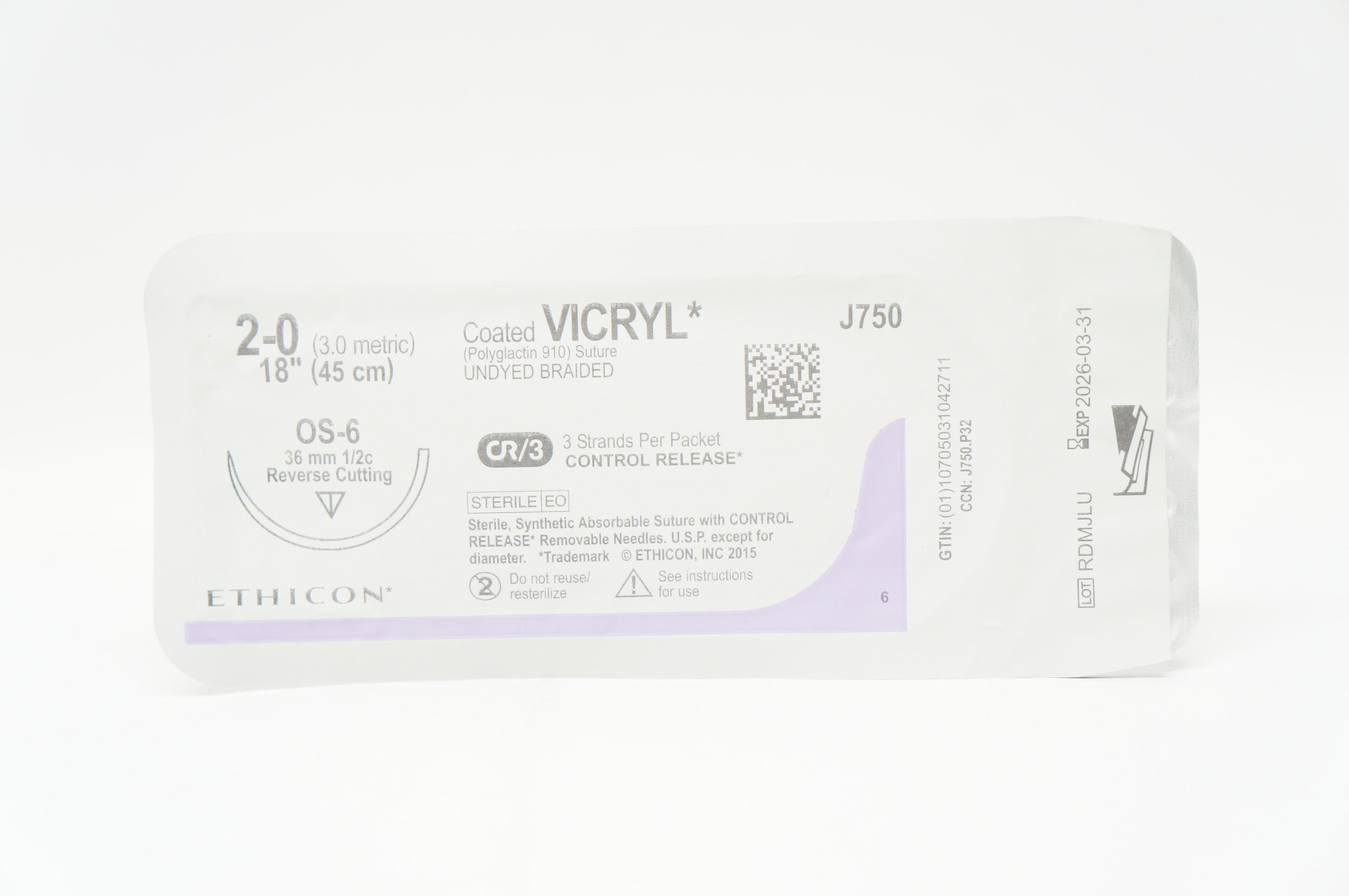 Ethicon J750 2-0 VICRYL, OS-6, 36mm 1/2c Reverse Cutting, 18inch