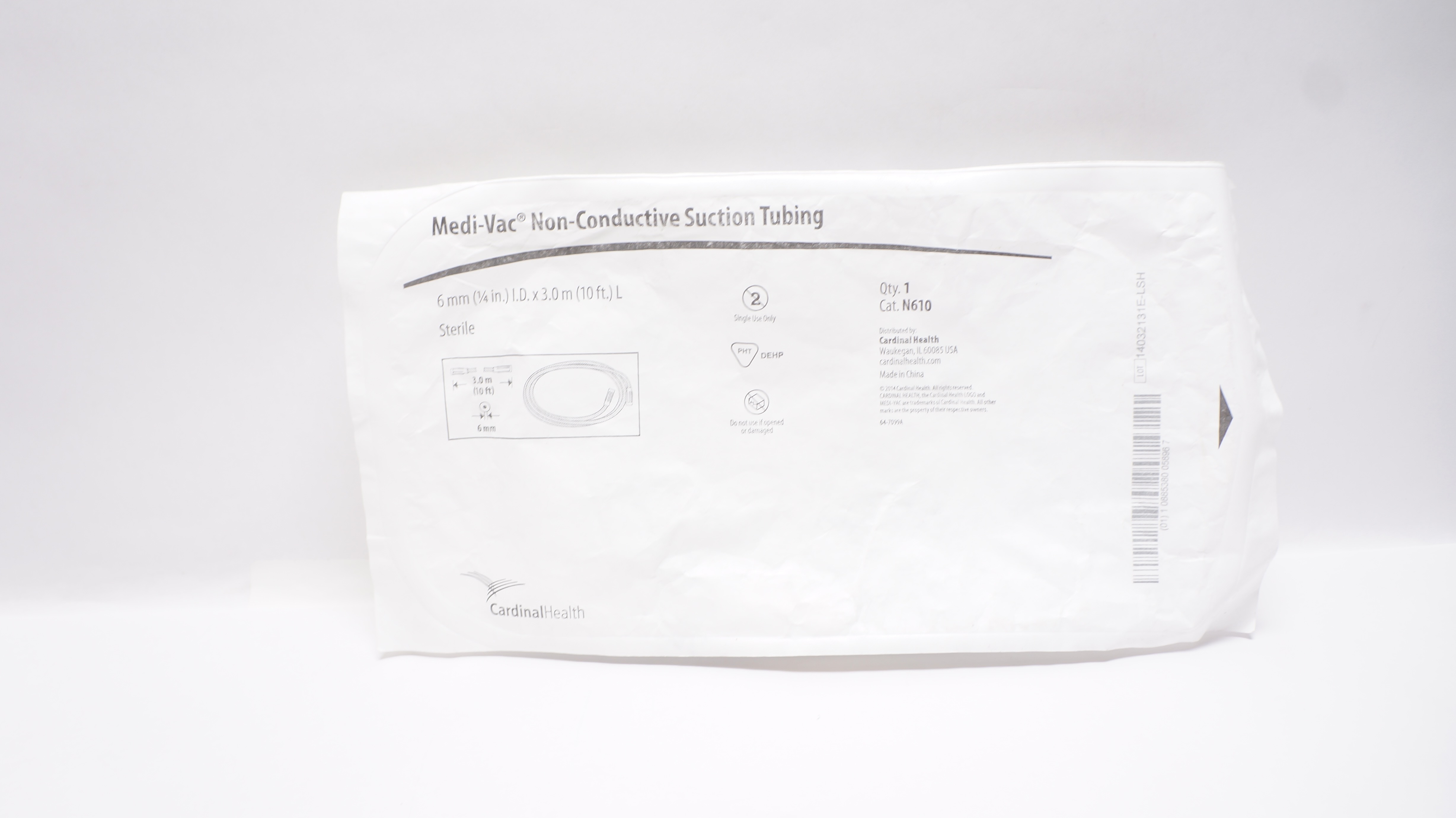 Cardinal Health N610 Medi-Vac Non-Conductive Suction Tubing 6mm x 10ft.