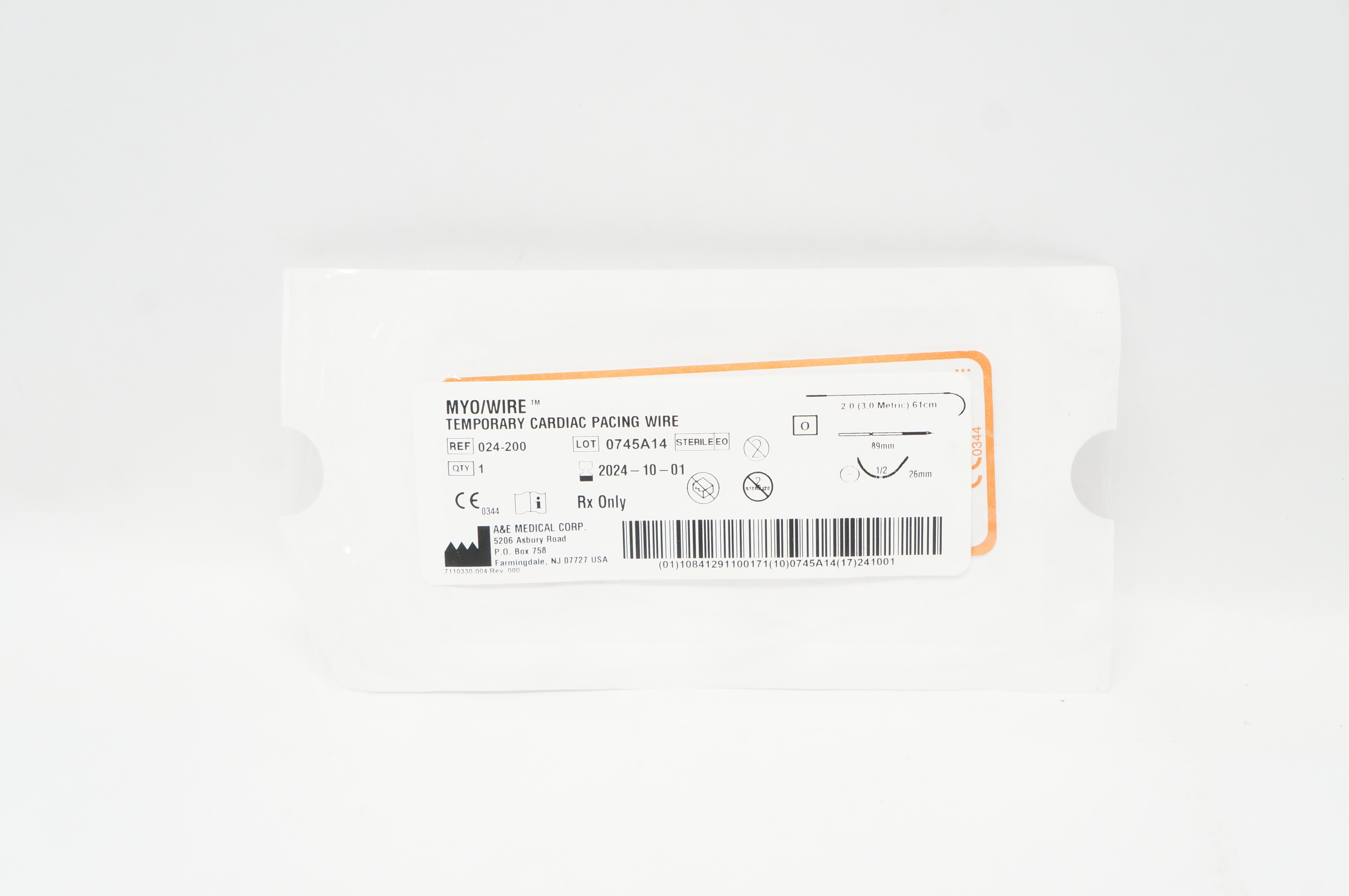 A&E Medical 024-200 2.0 Myo/Wire Temporary Cardiac Pacing Wire 1/2 26 x 89mm