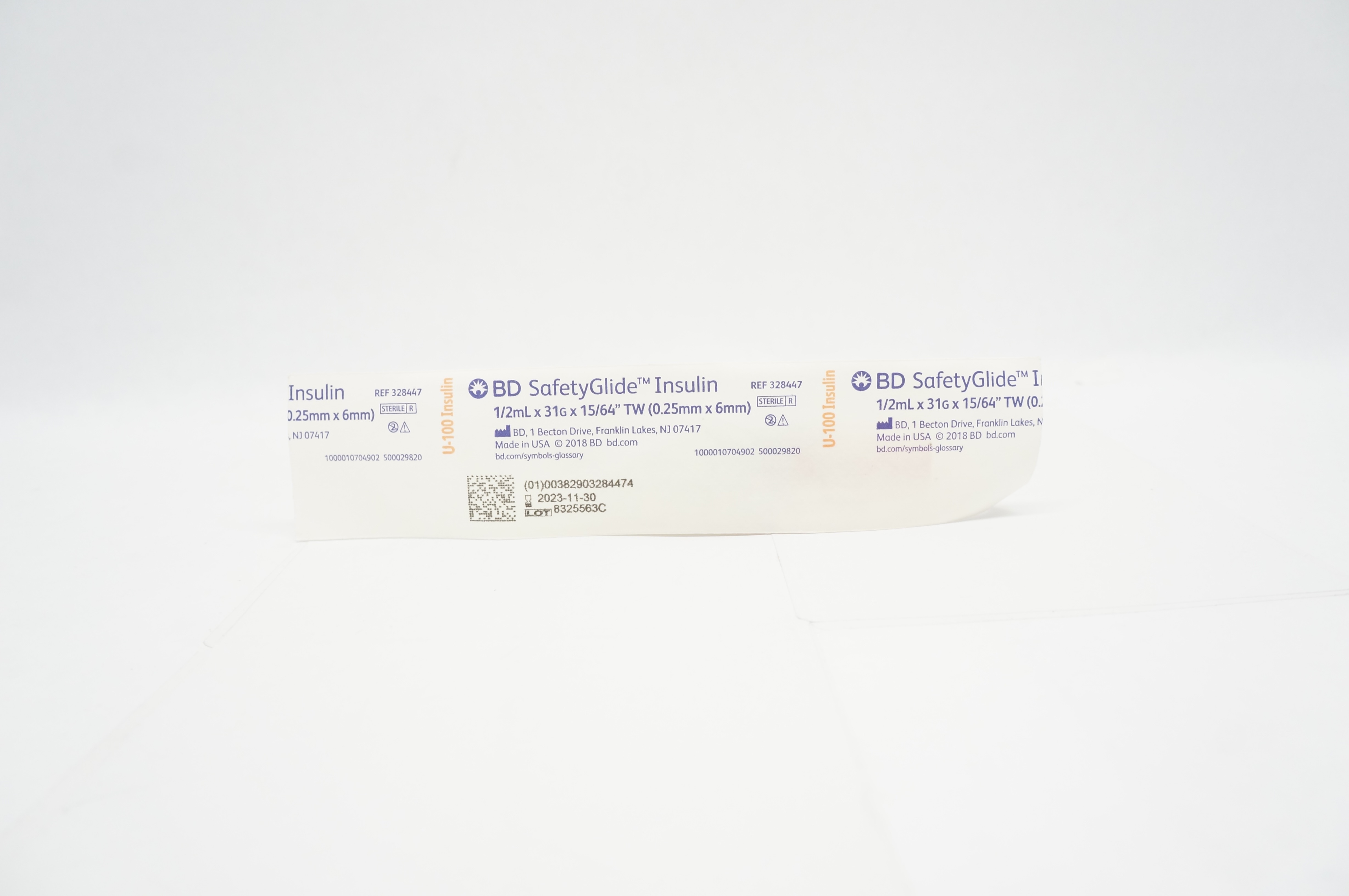 BD 328447 SafetyGlide Insulin Syringe 1/2mL, 31G x 15/64inch TW