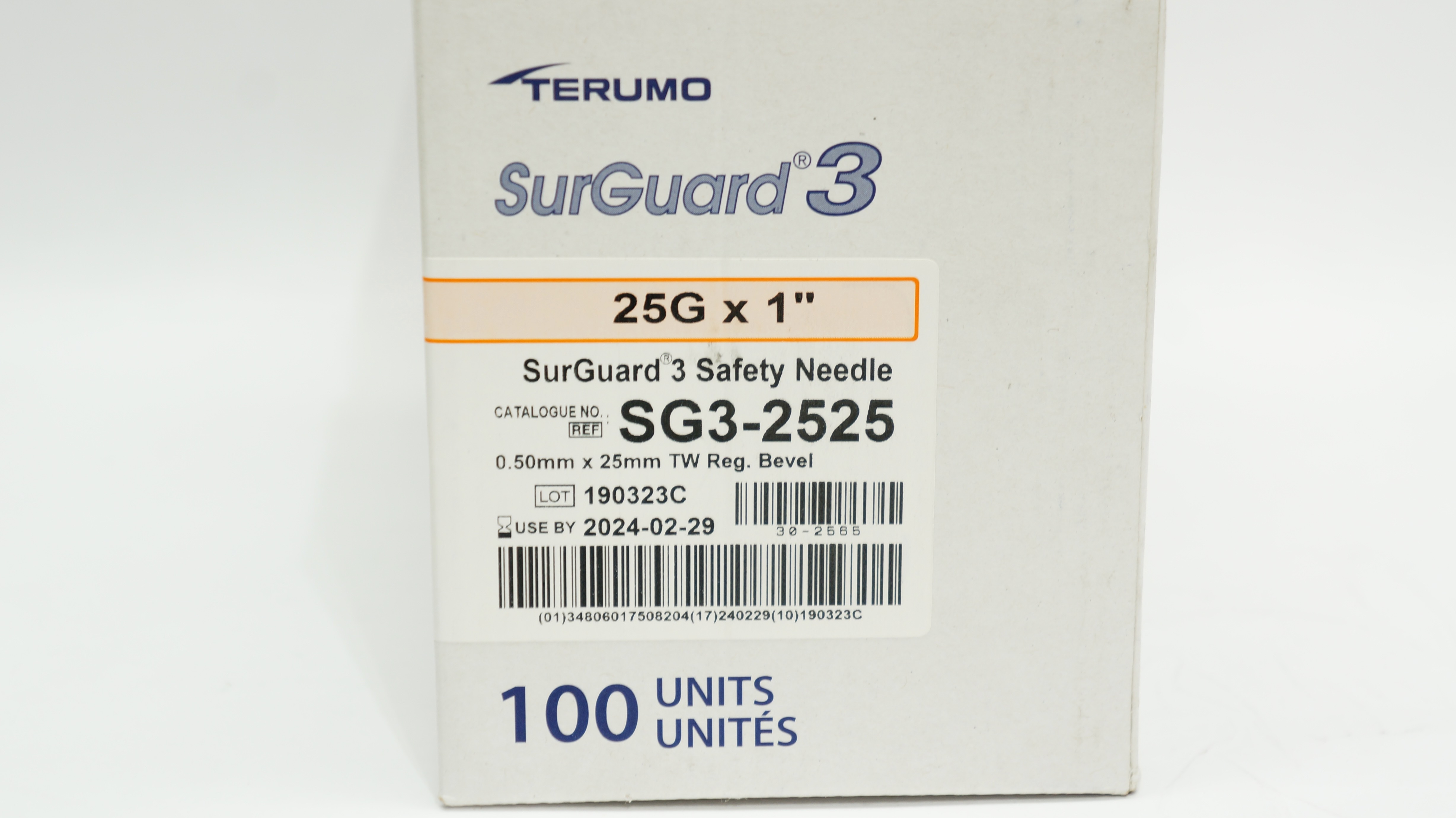 Terumo SG3-2525 SurGuard 3 Safety Hypodermic Ndle 25G x 1inch - Box of 88