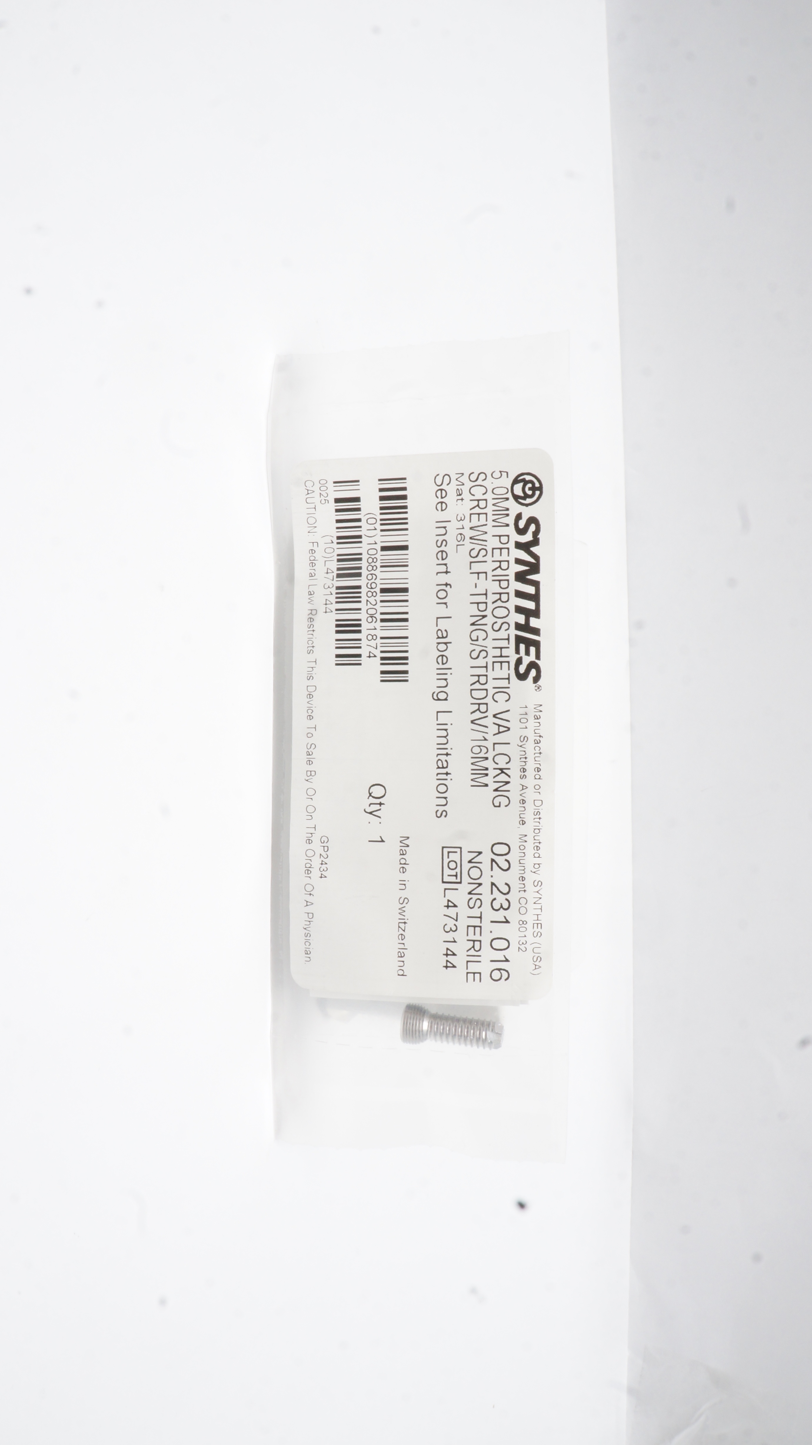 Synthes 02.231.016 5.0mm Periprosthetic VA LCKNG Screw/SLF-TPNG/STRDRV/16mm