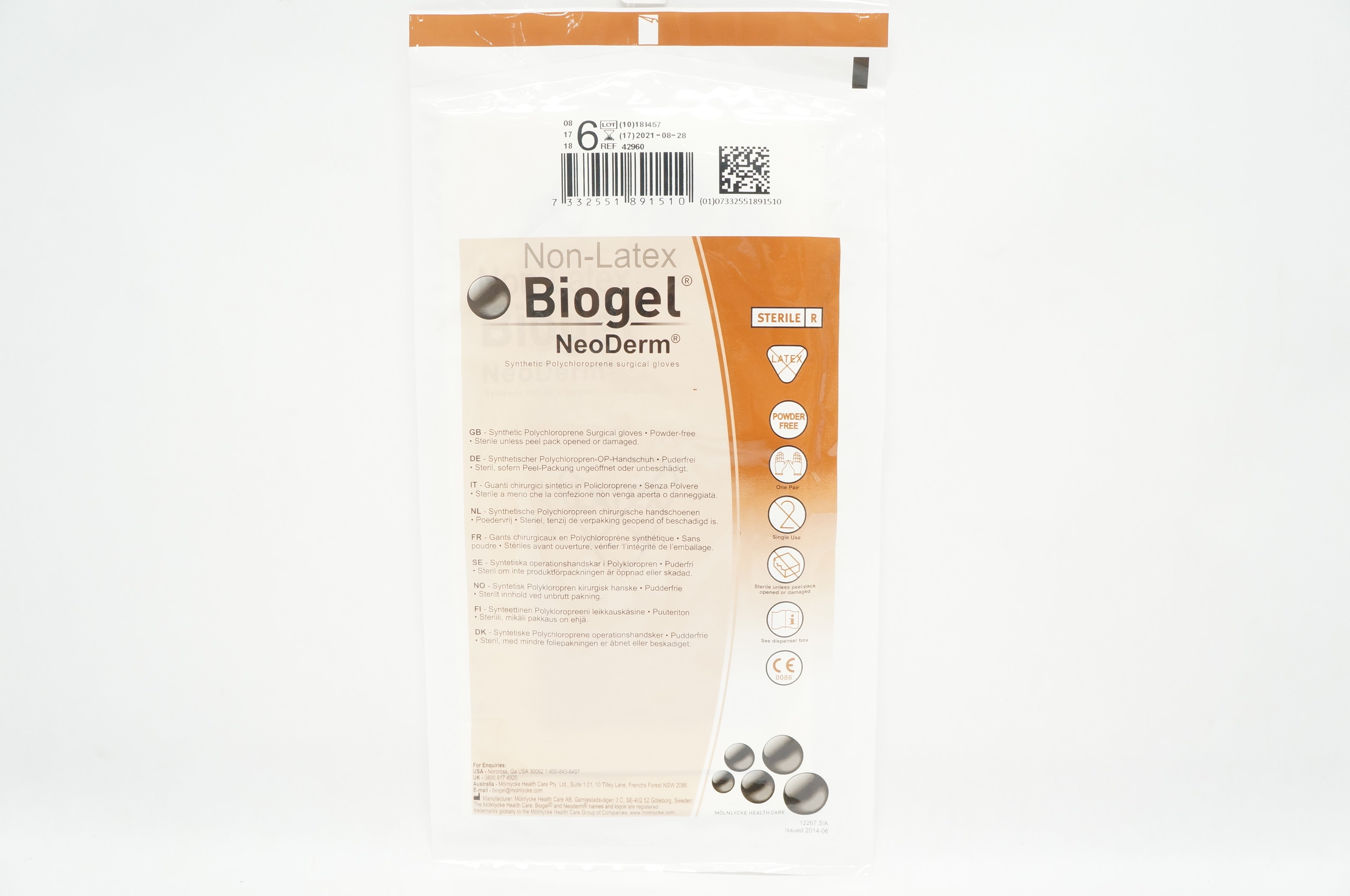 Molnlycke HealthCare 42960 Biogel NeoDerm Synthetic Gloves, Size 6 (x)