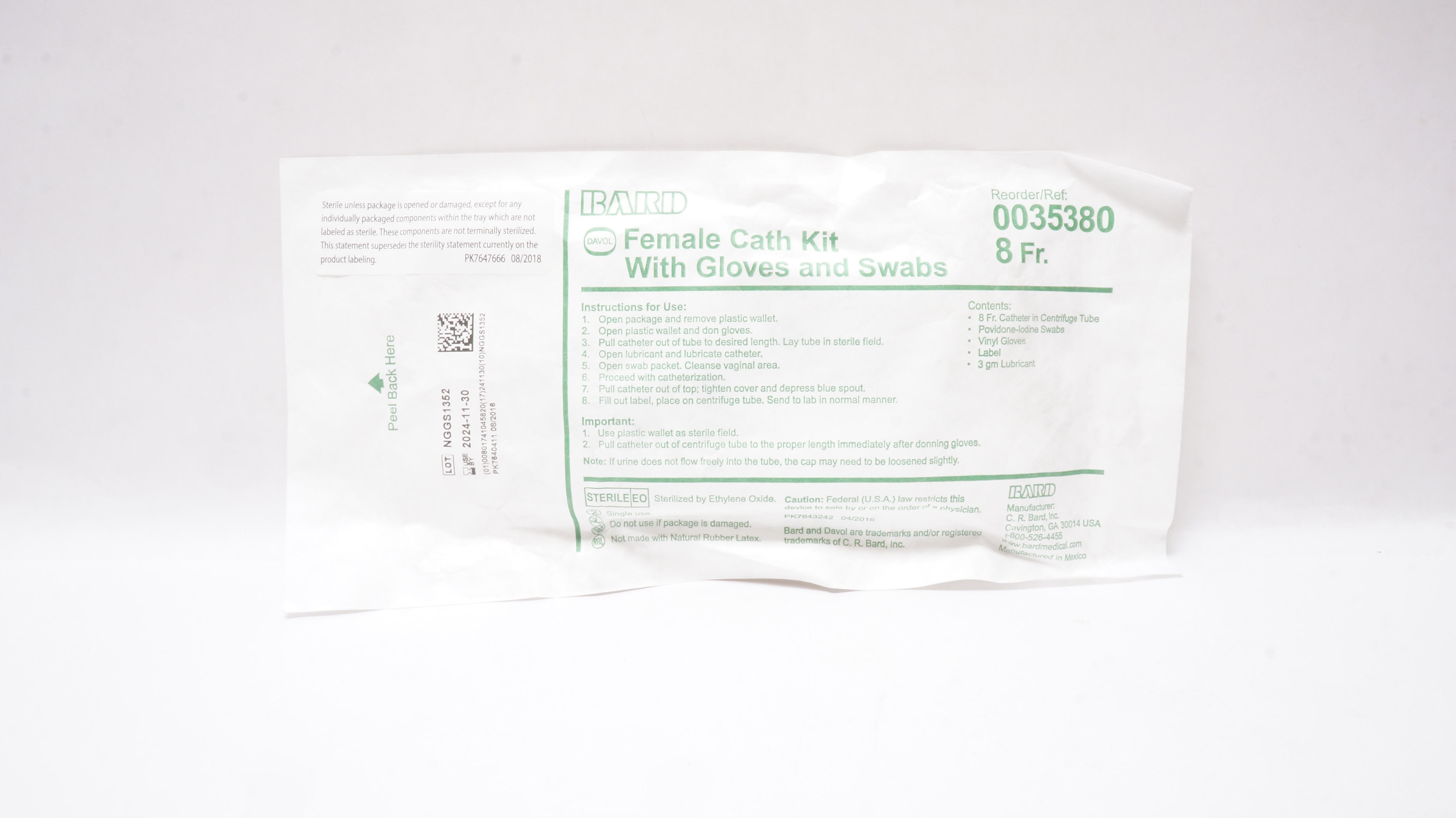 Bard 0035380 Female Cath Kit With Gloves and Swabs 8Fr