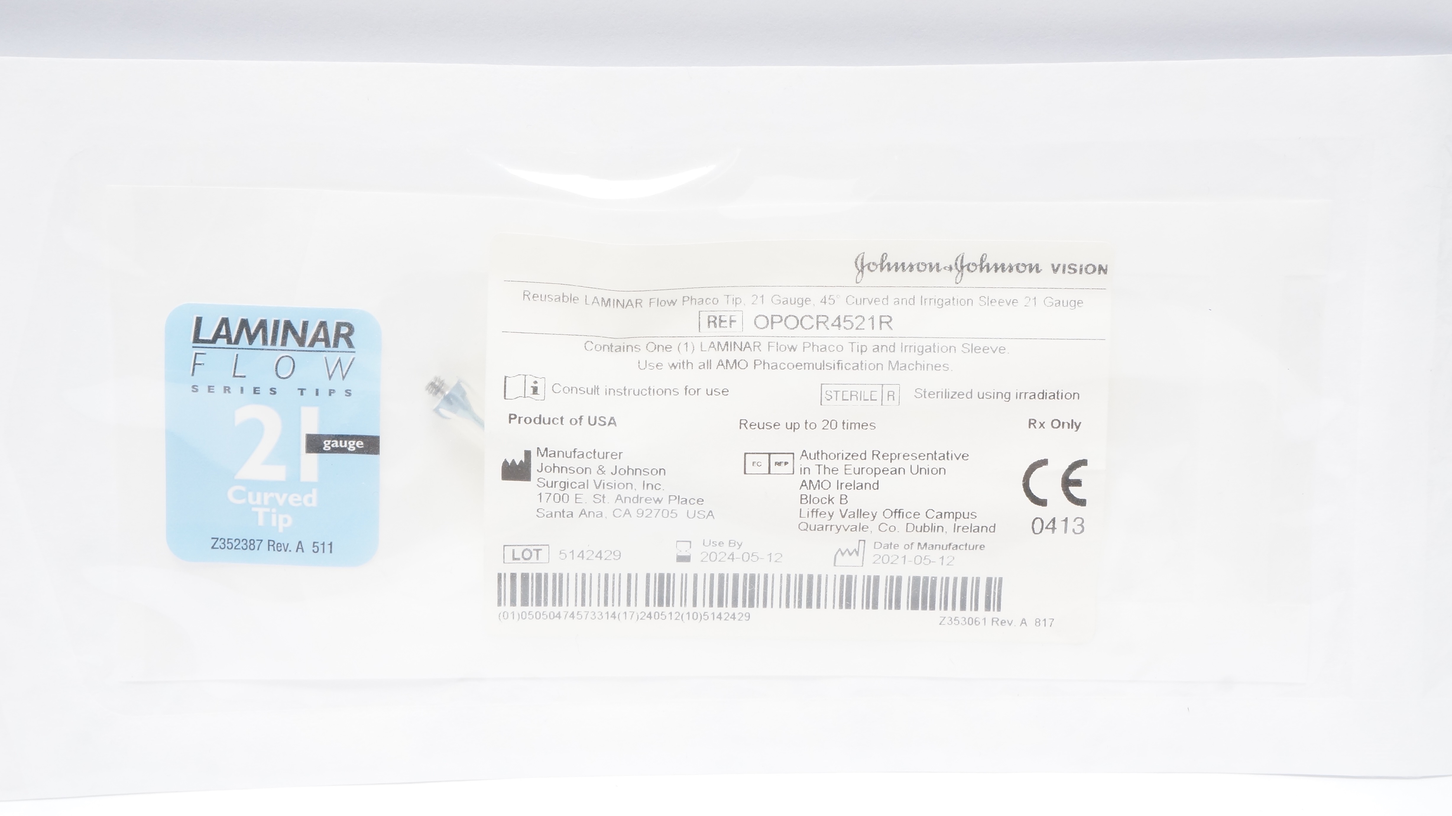 Johnson & Johnson OPOCR4521R Laminar Flow Phaco Tip & Irrigation Sleeve 21Ga (x)