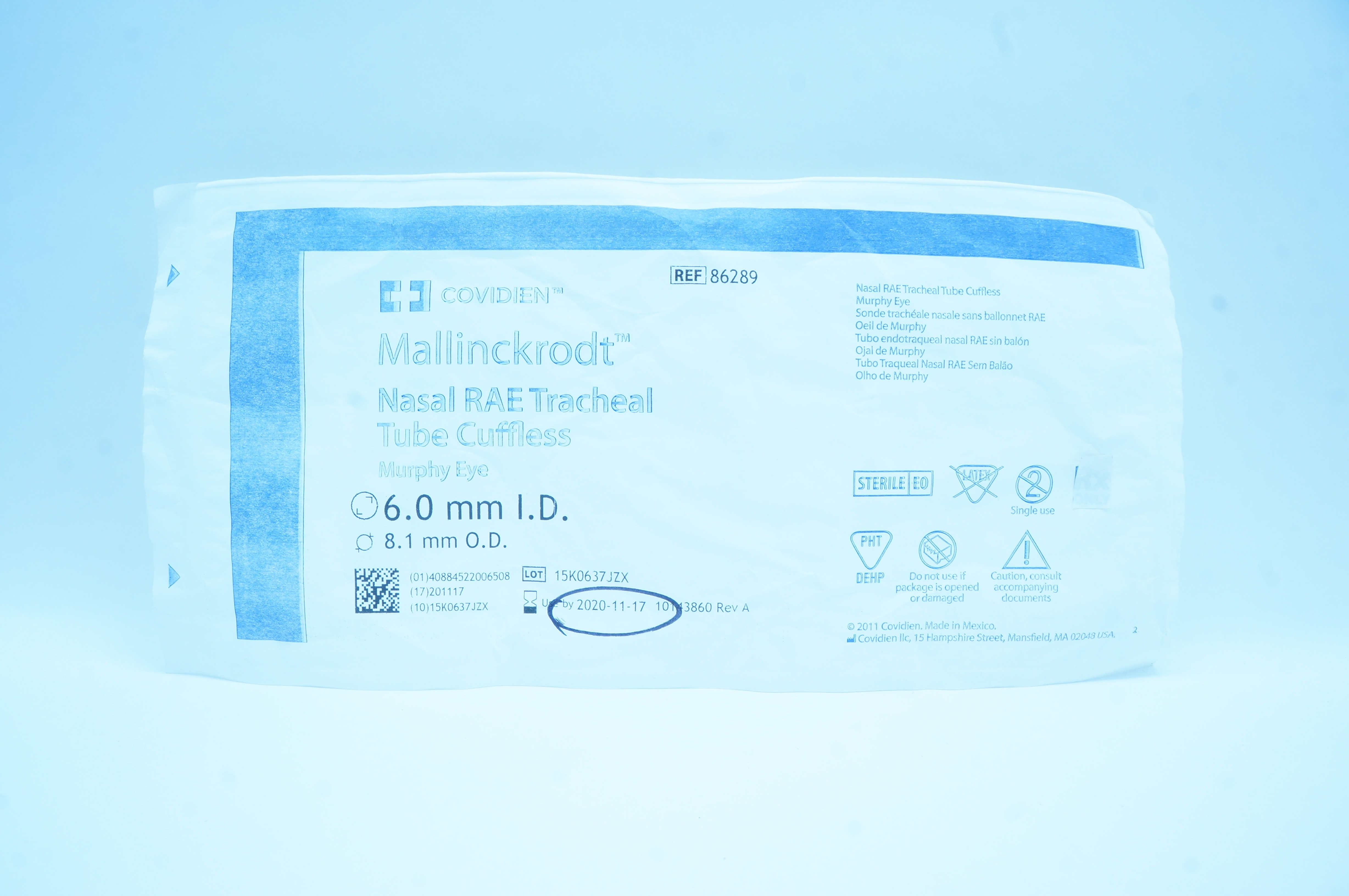 Covidien 86289 Mallinckrodt Nasal RAE Tracheal Tube Cuffless ID 6.0 x 8