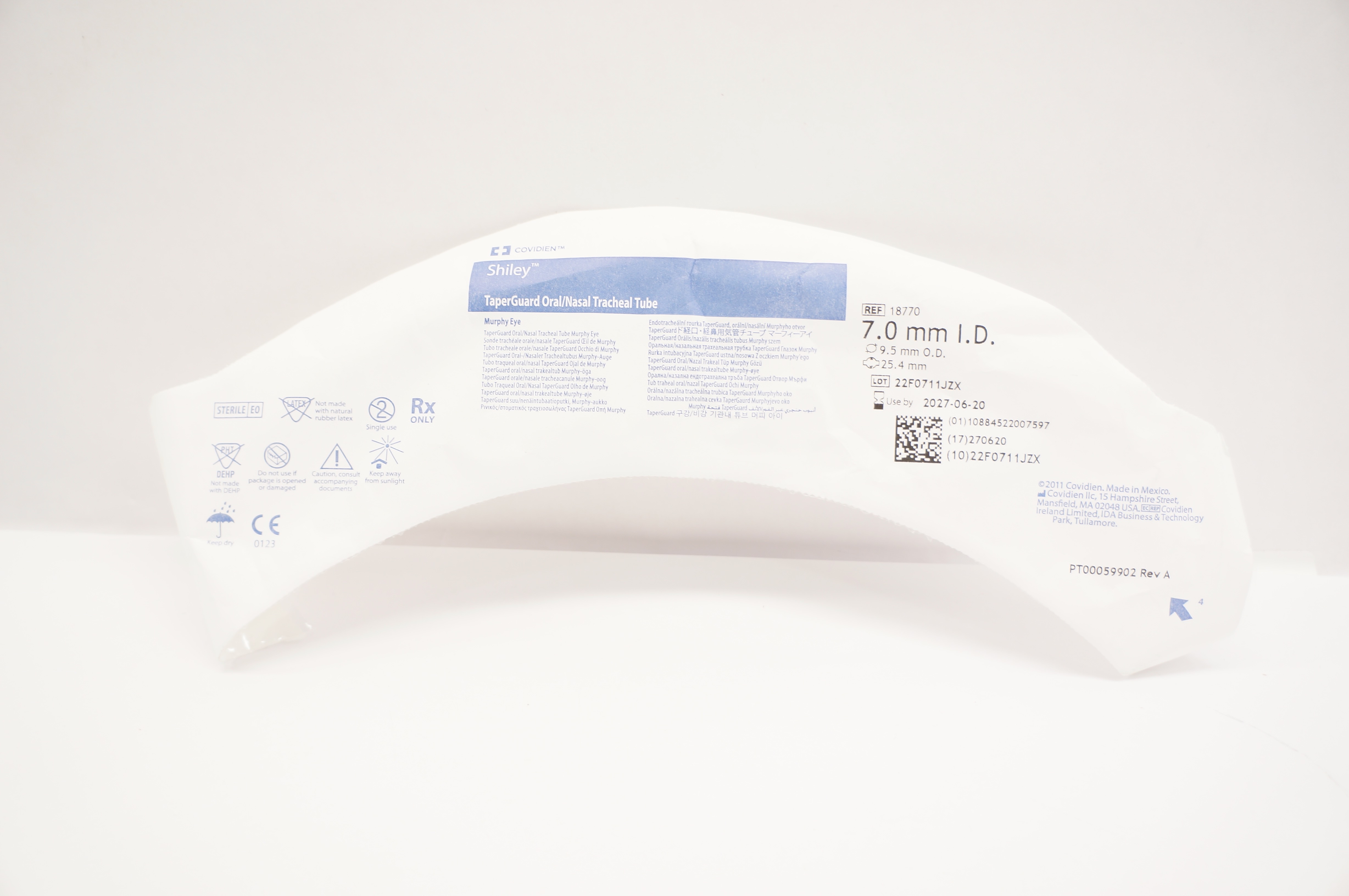Covidien 18770 Shiley TaperGuard Oral/Nasal Tracheal Tube 7.0ID x 9.5OD x 25.4mm