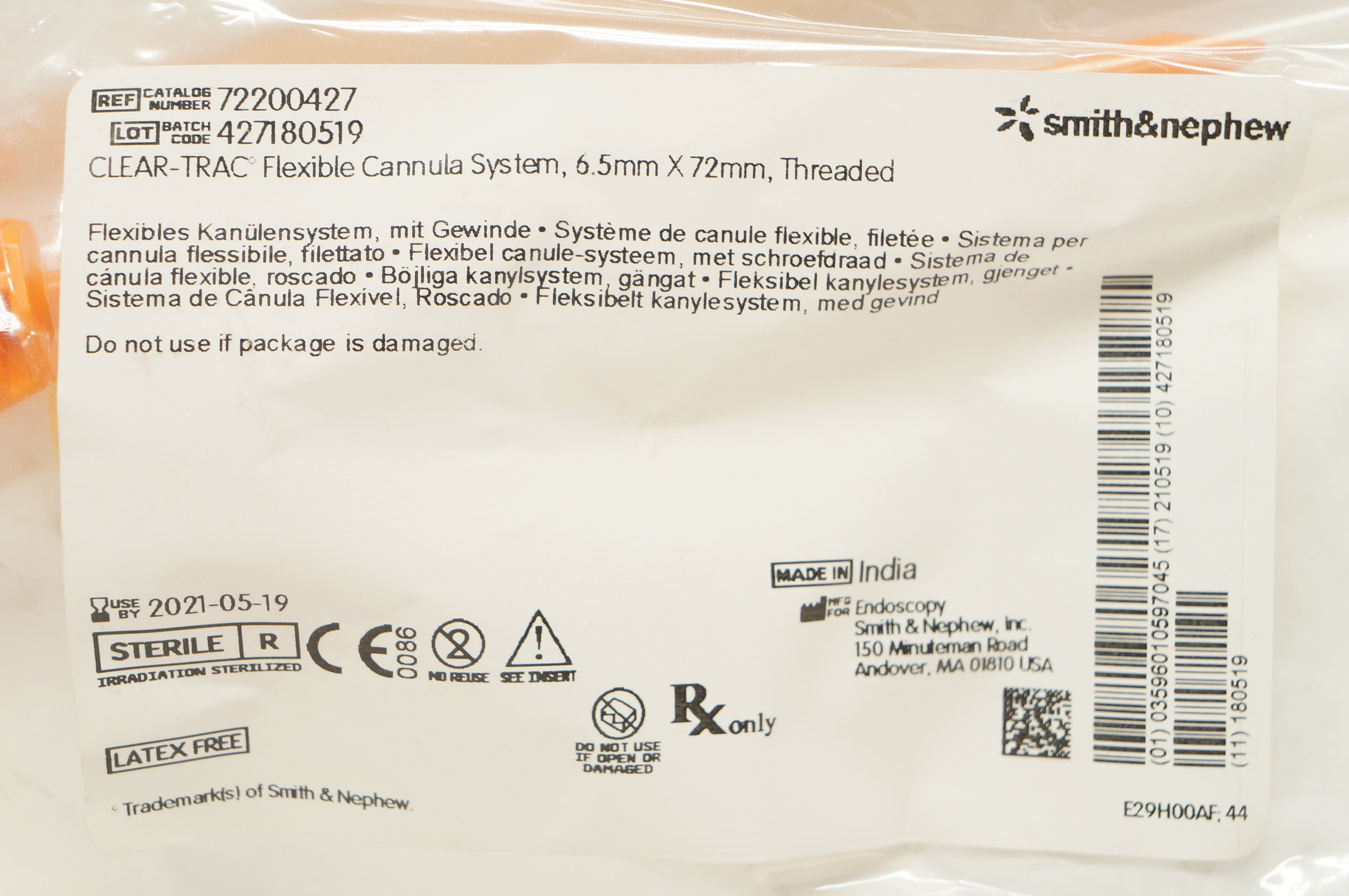 Smith&Nephew 72200427 Clear-Trac Flexible Cannula System 6.5x72mm